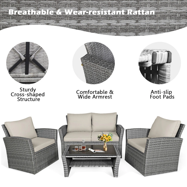 Hivvago 4 Pieces Patio Rattan Furniture Set Sofa Table With Storage Shelf Cushion