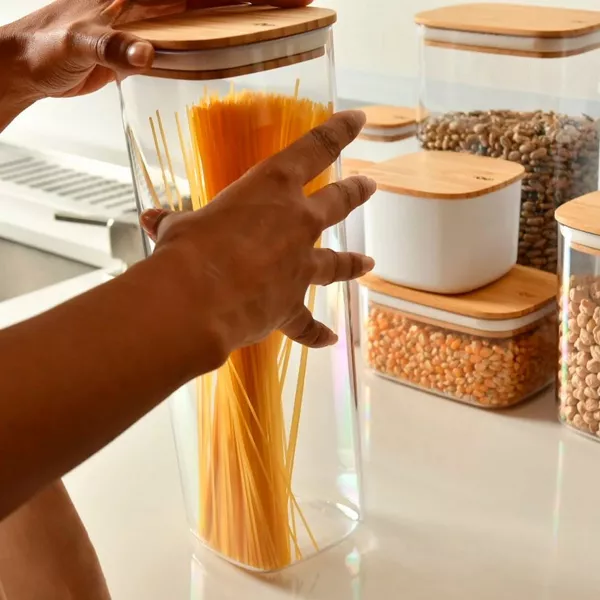 OU Airtight Food Storage Container 8.4cup, Clear Plastic w/ Leak Proof Bamboo Lid, Slim Kitchen Pantry Organizer