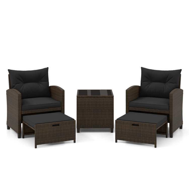 Hivvago 5 Pieces Patio Rattan Furniture With 2 Ottomans And Tempered Glass Coffee Table
