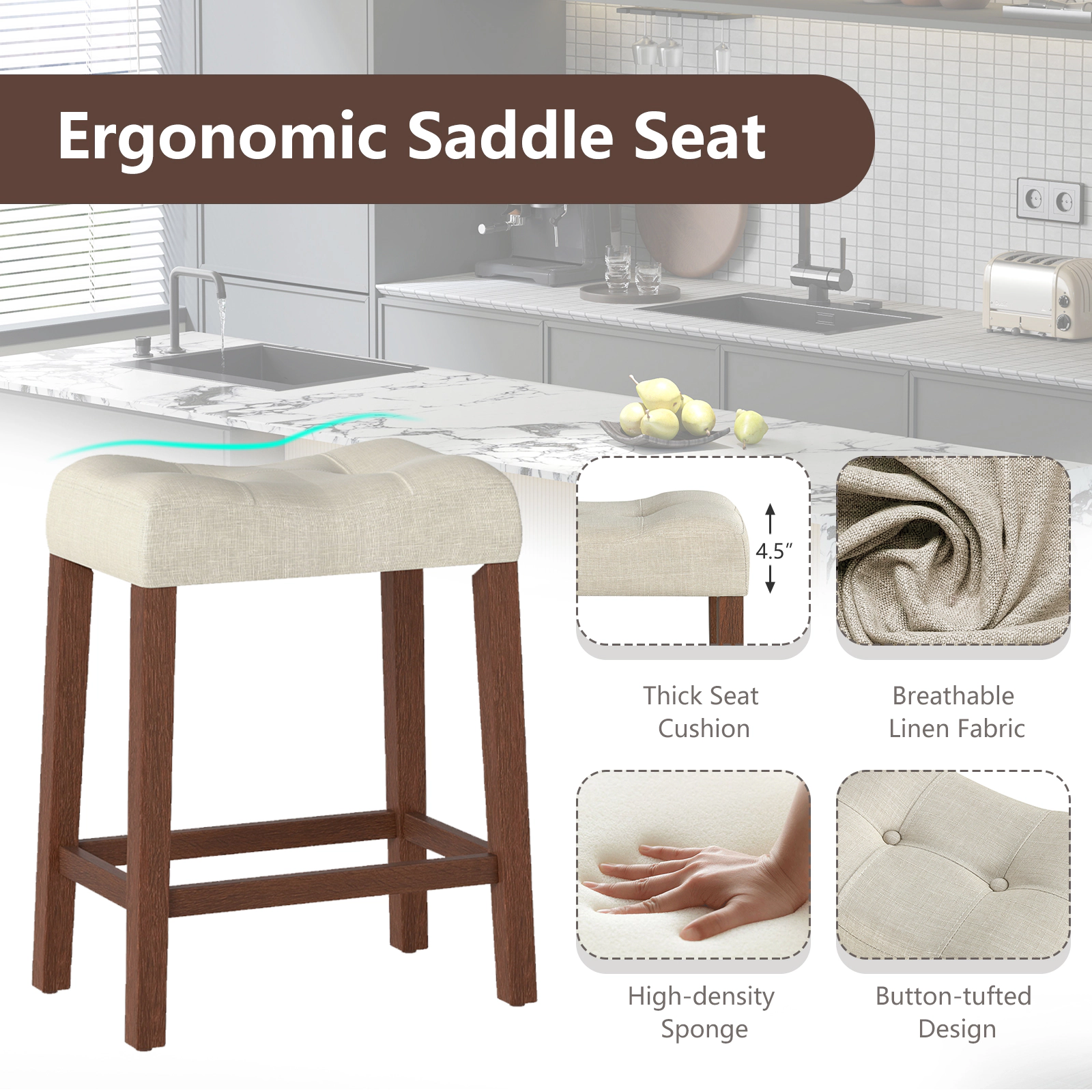 Glintex 4-Piece 24-Inch Curved Saddle Counter Stool Set with 4.5-Inch Cushion