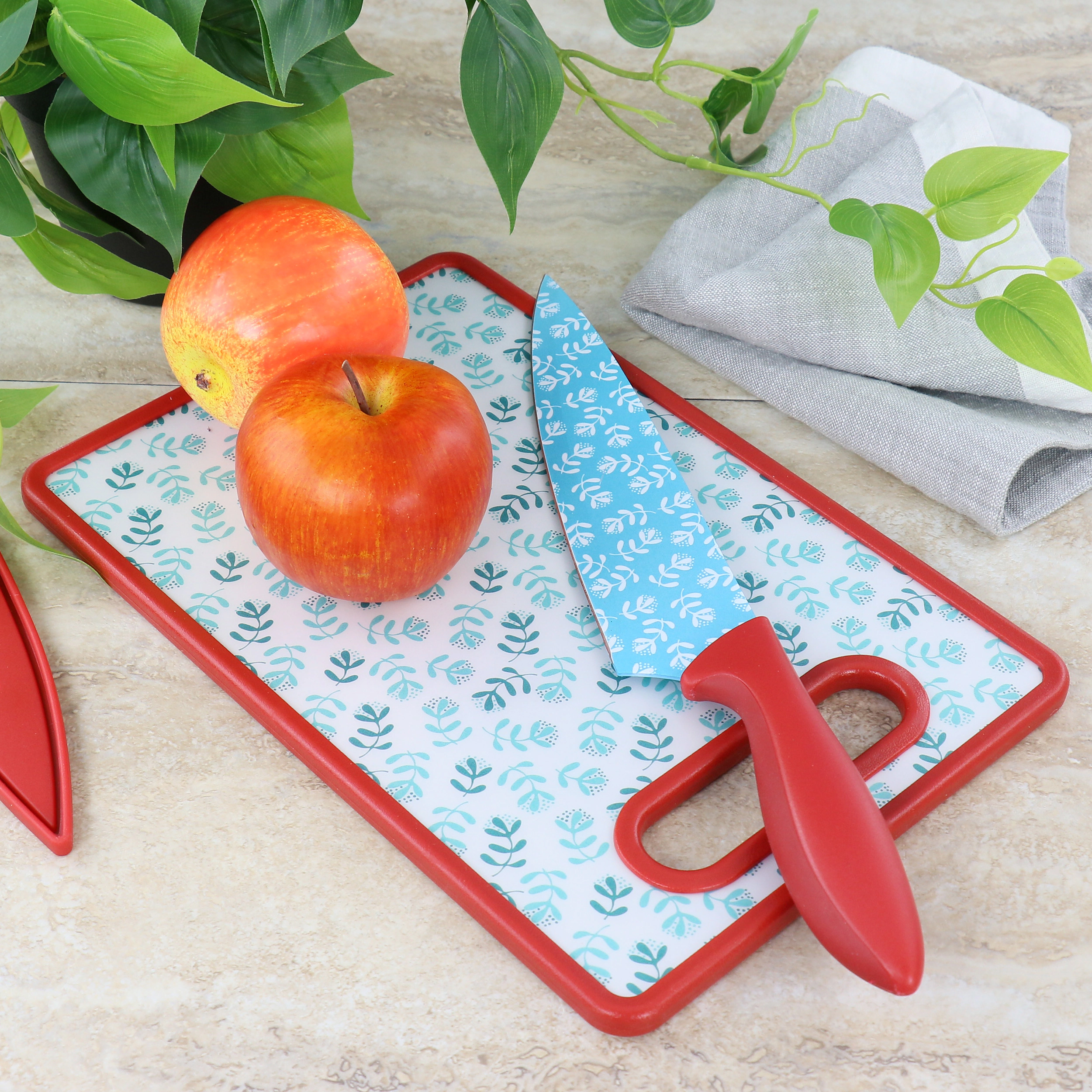 Gibson Home Village Vines 3 Piece Cutting Board and Knife Set in Red and Blue
