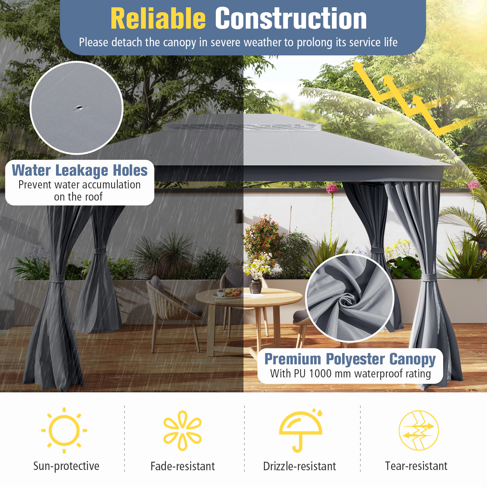 SUGIFT 10-ft x 13-ft Coffee Patio Gazebo with Privacy Curtains Mesh Netting and Vented Double Roof