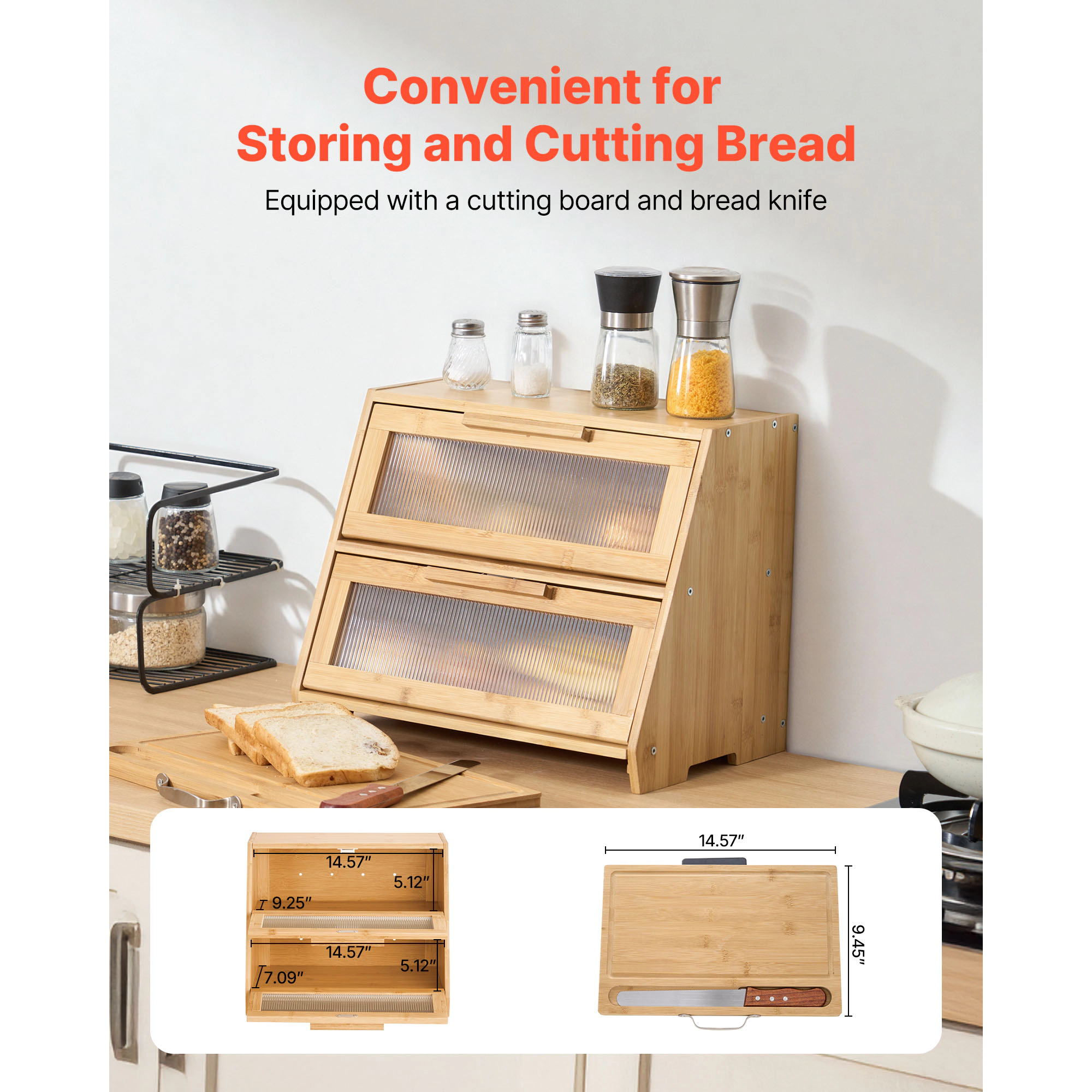 HONGGE Double Layer Bread Box for Kitchen Counter Large Capacity Bamboo Bread Storage Container Farmhouse Wooden