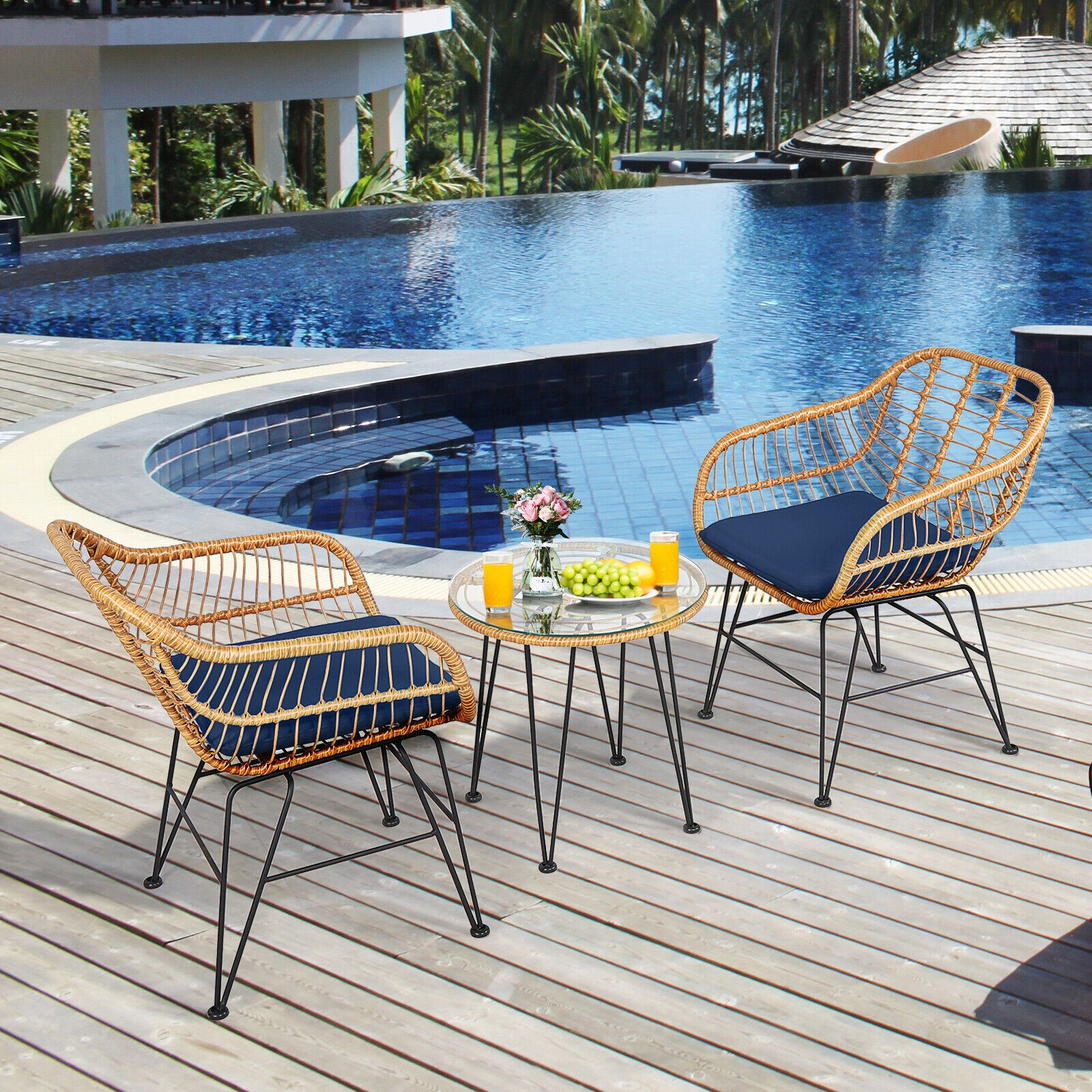 SUGIFT 3-Piece Rattan Conversation Set with Cushioned Chairs & Coffee Table 400-Lb Chair Capacity 24-in Chair Width Navy