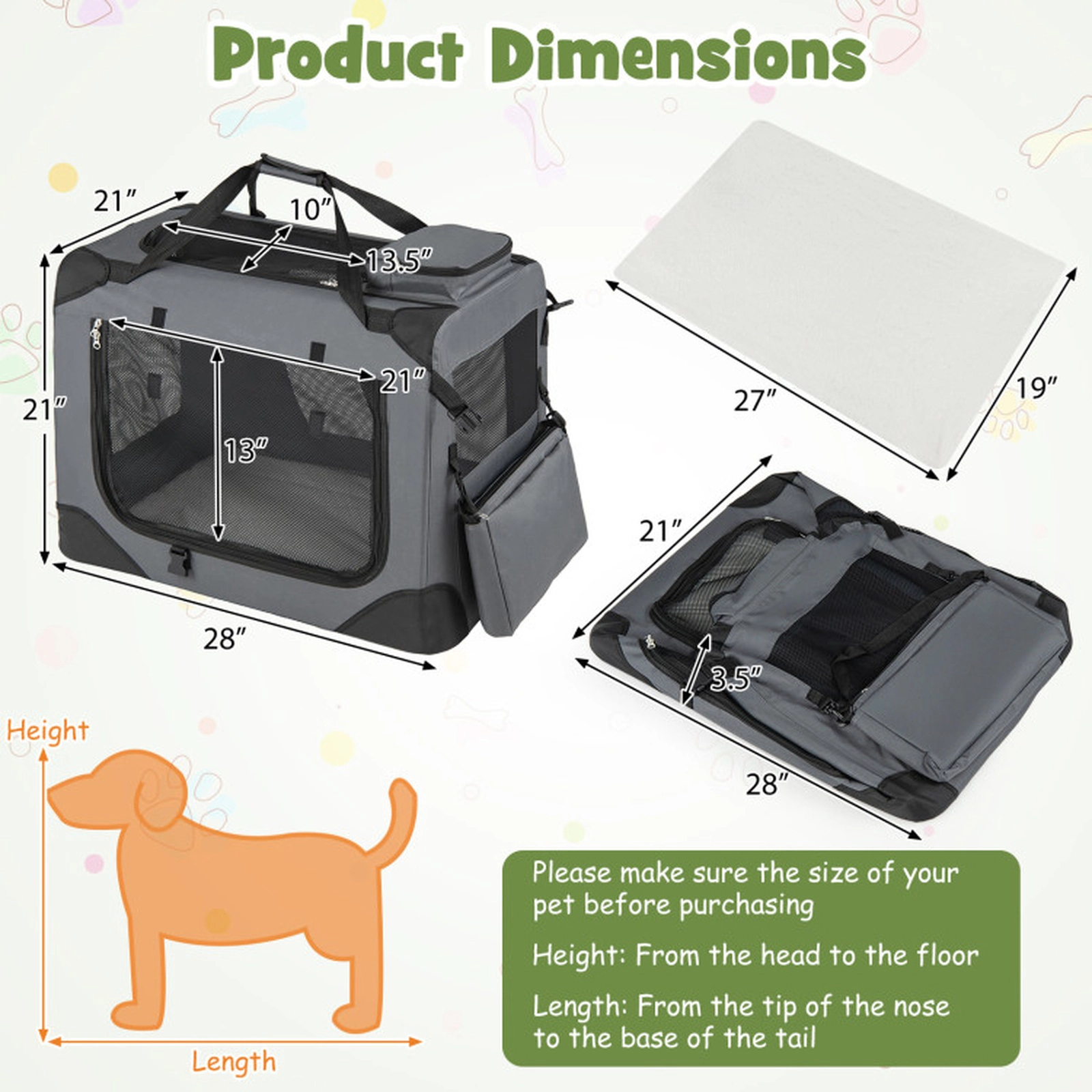 SUGIFT Gray 28-in Collapsible Soft Dog Travel Crate with 3 Roll-Up Doors Mesh Windows and Fleece Bed