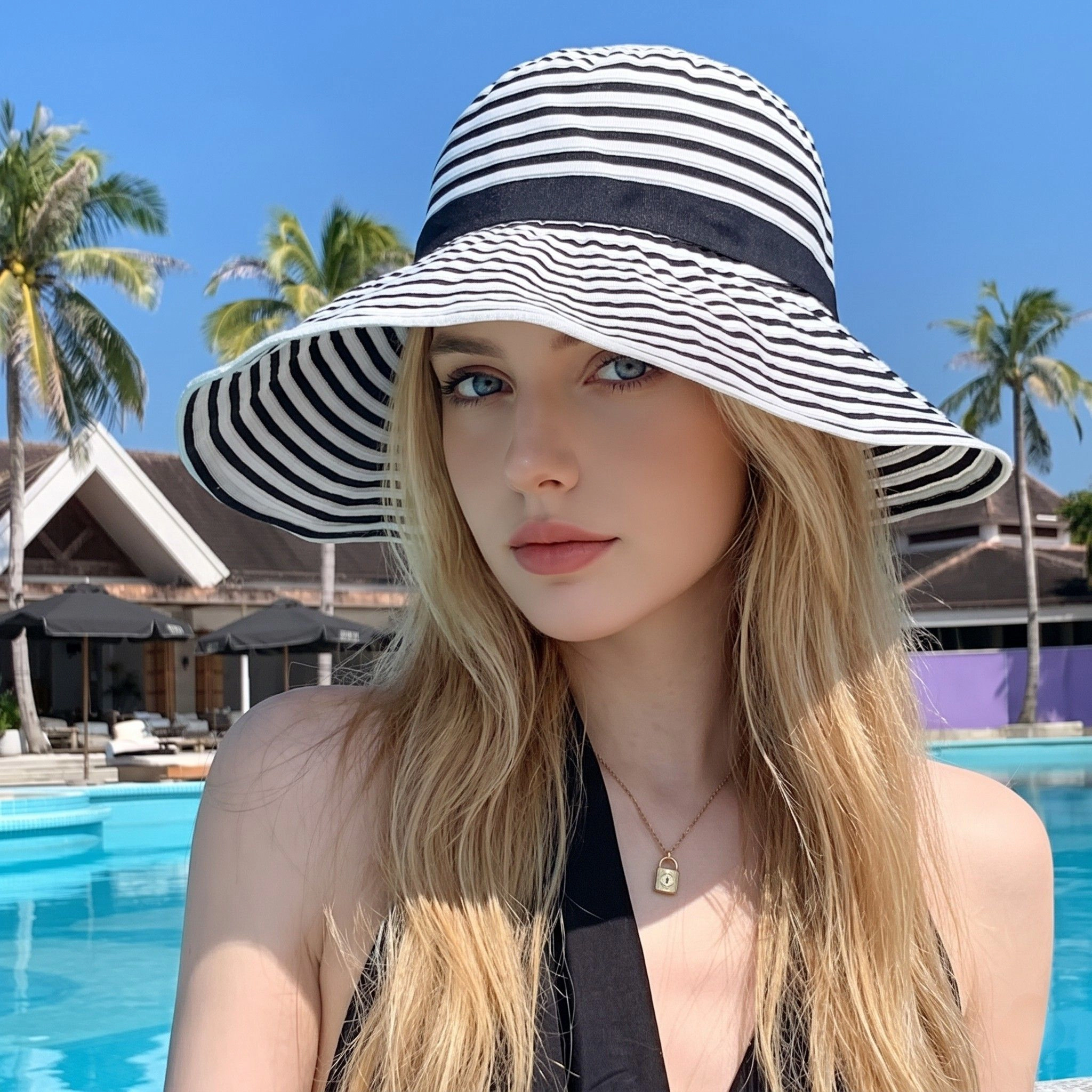 Anna-Kaci Womens Striped Sun Hat Wide Brim Summer Beach Bow Tie Lightweight Packable