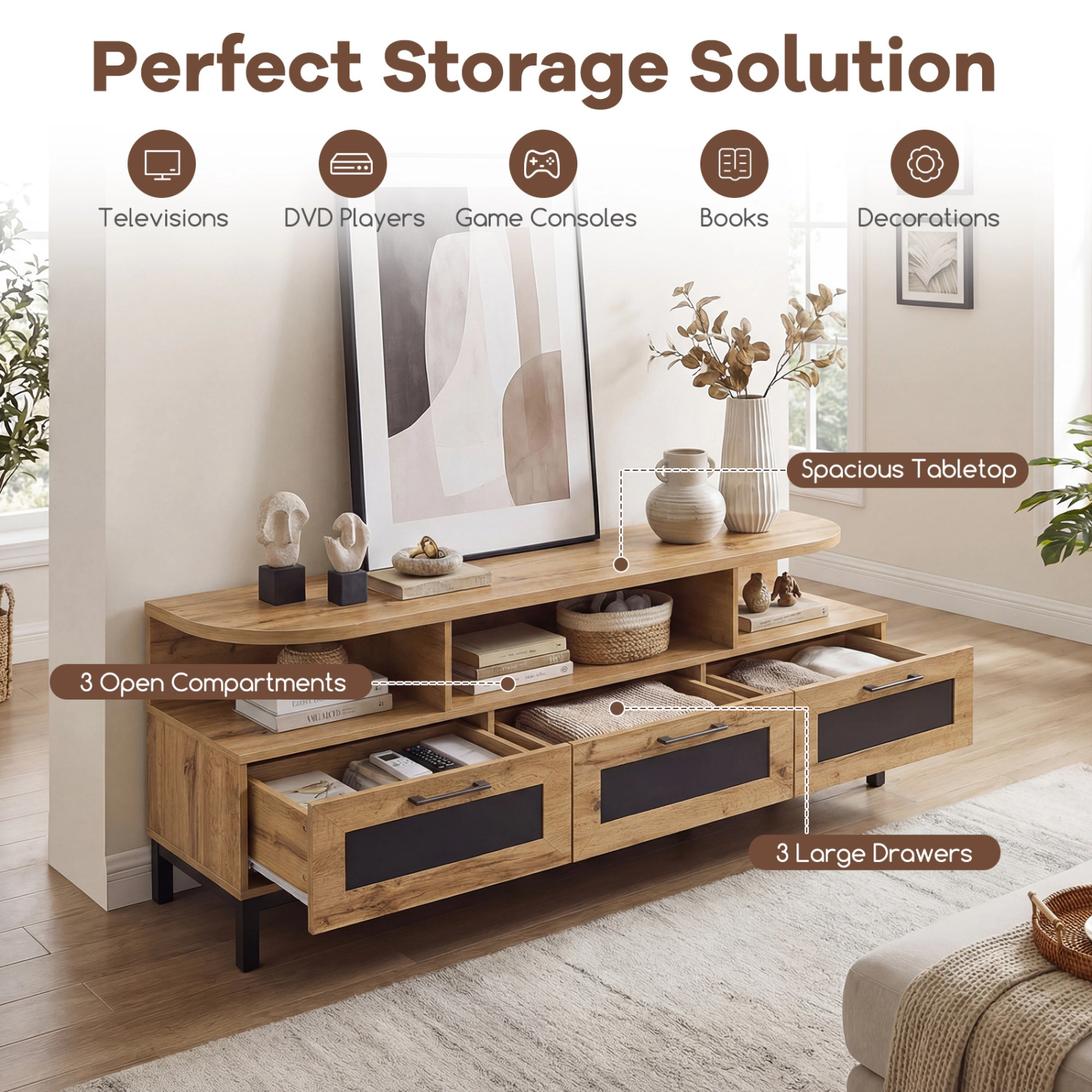 Glintex 63-Inch Entertainment Center with 3 Drawers and 3 Compartments