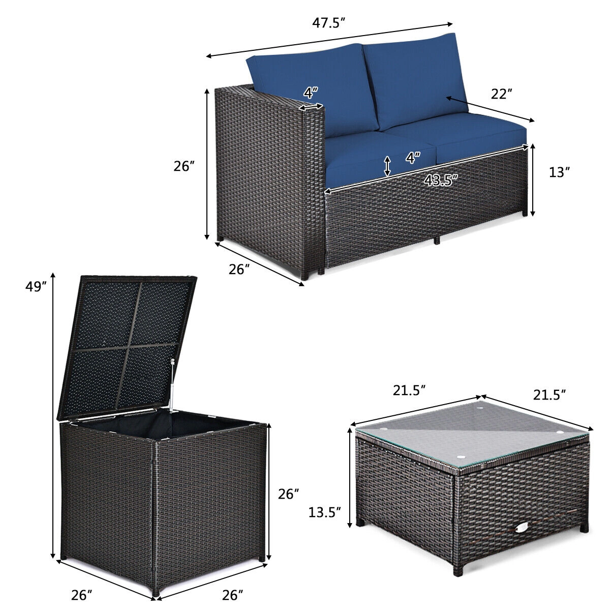 SUGIFT Navy Cushioned Loveseat and Storage End Table 4-Piece Patio Rattan Sectional Set