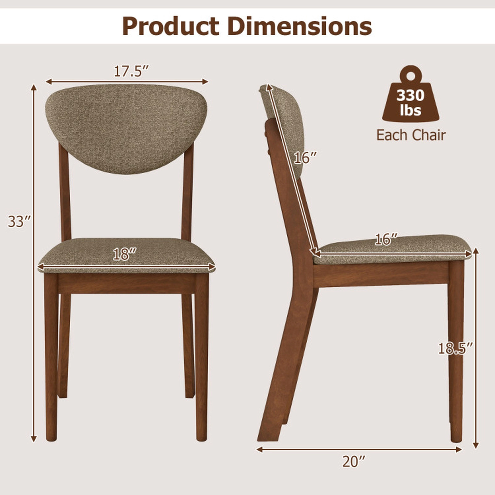 SUGIFT Set of 4 330-lb Capacity Brown Angled Padded Back Linen Dining Chairs with Solid Rubber Wood Legs