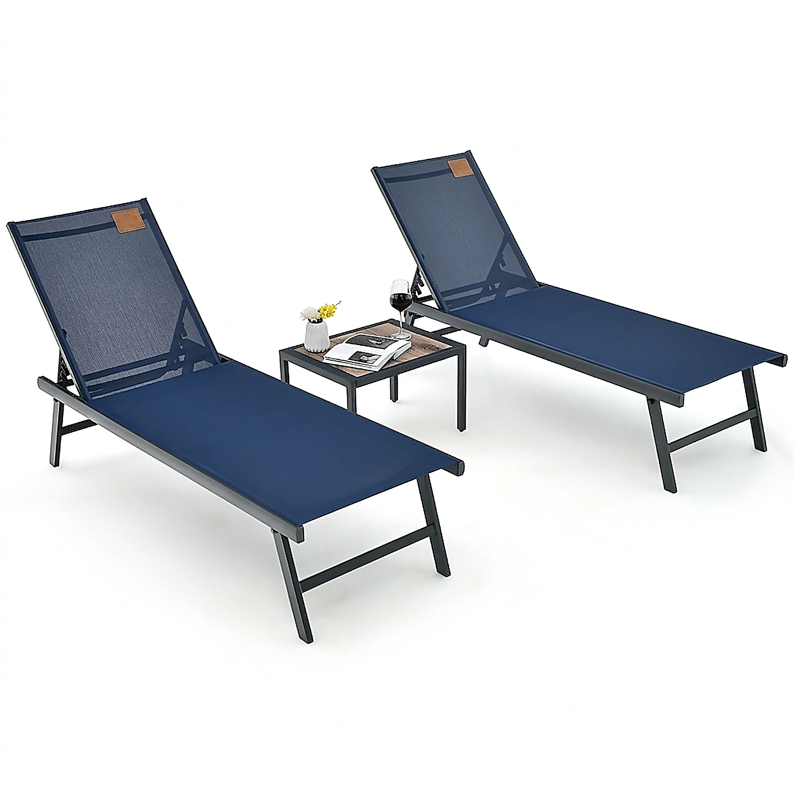 SUGIFT 3 Piece Patio Chaise Lounge Set Navy with Coffee Table for Poolside