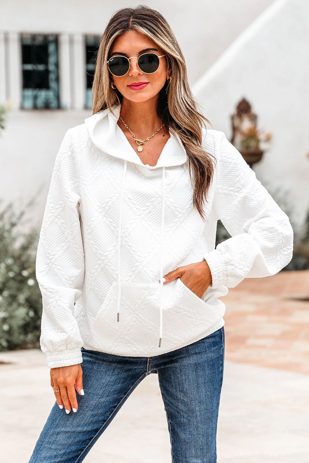 Threaded Pear Women's Magnolia Cable Lattice Texture Kangaroo Pocket Hoodie