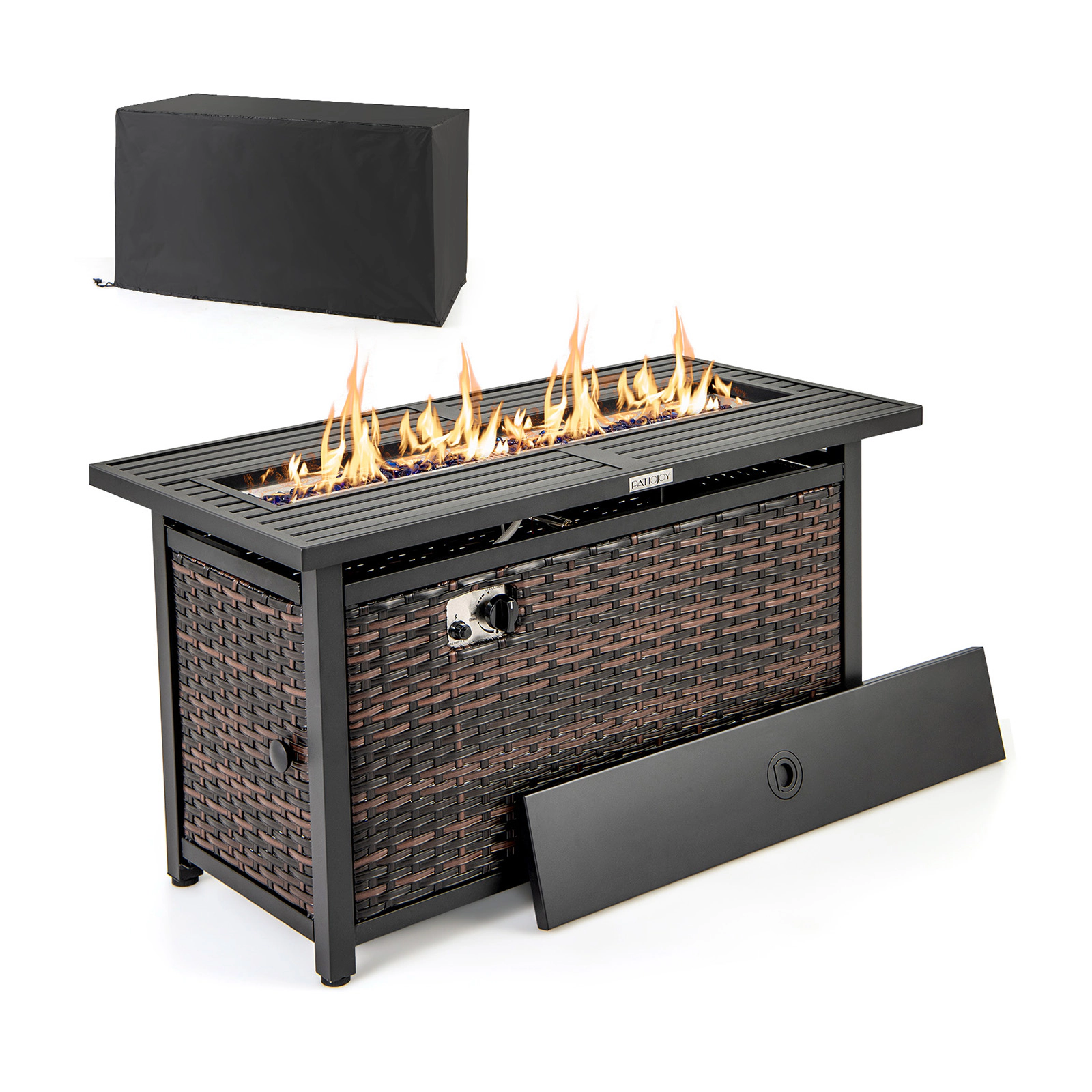 SUGIFT Brown Rattan Propane Fire Pit Table with Glass Stones 45-in W 23-in D 25-in H 220-lb Tabletop Capacity
