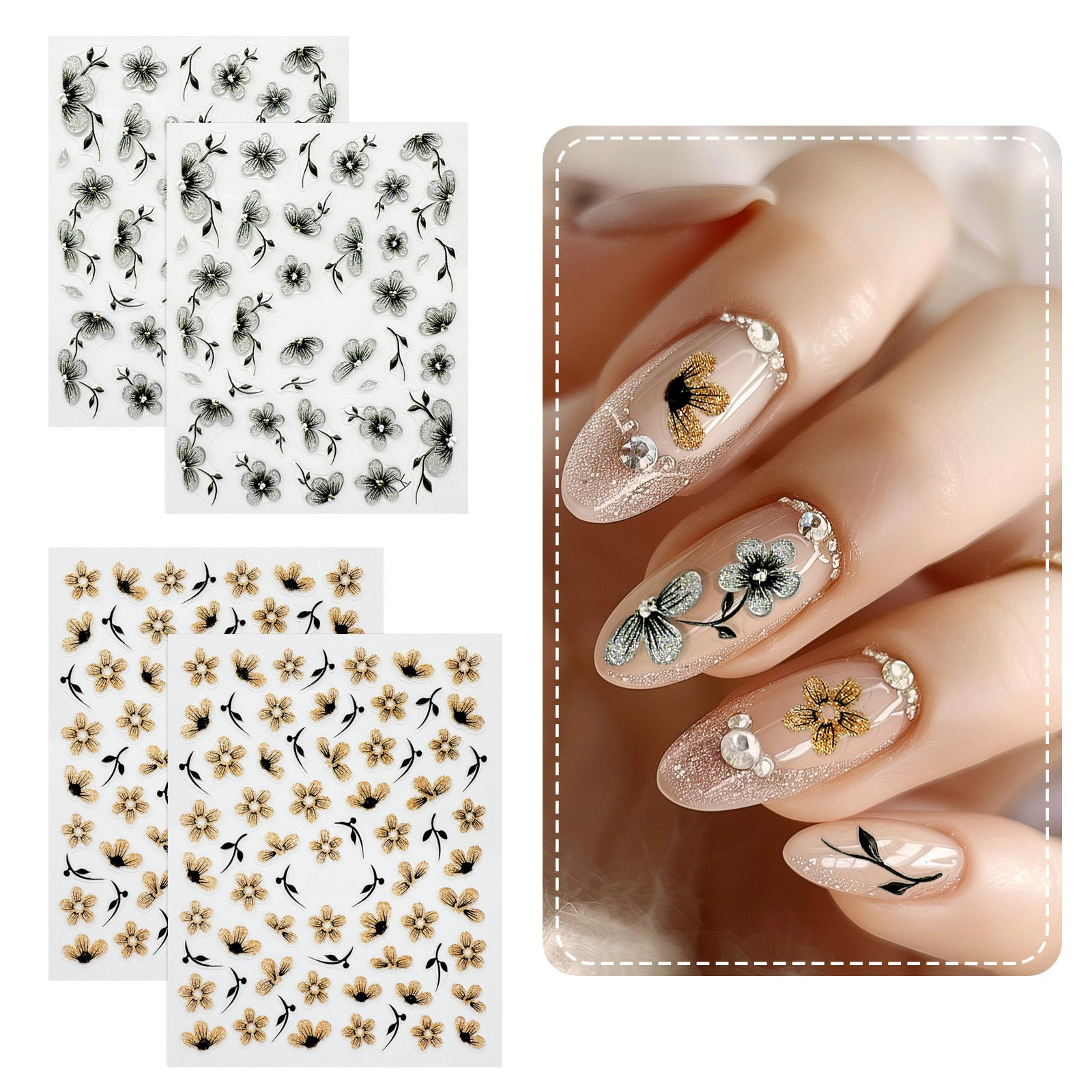 Wrapables 5D Embossed Colorful Flowers Nail Art Decal Stickers, Self Adhesive 3D Floral Design (Set of 4), Daisies