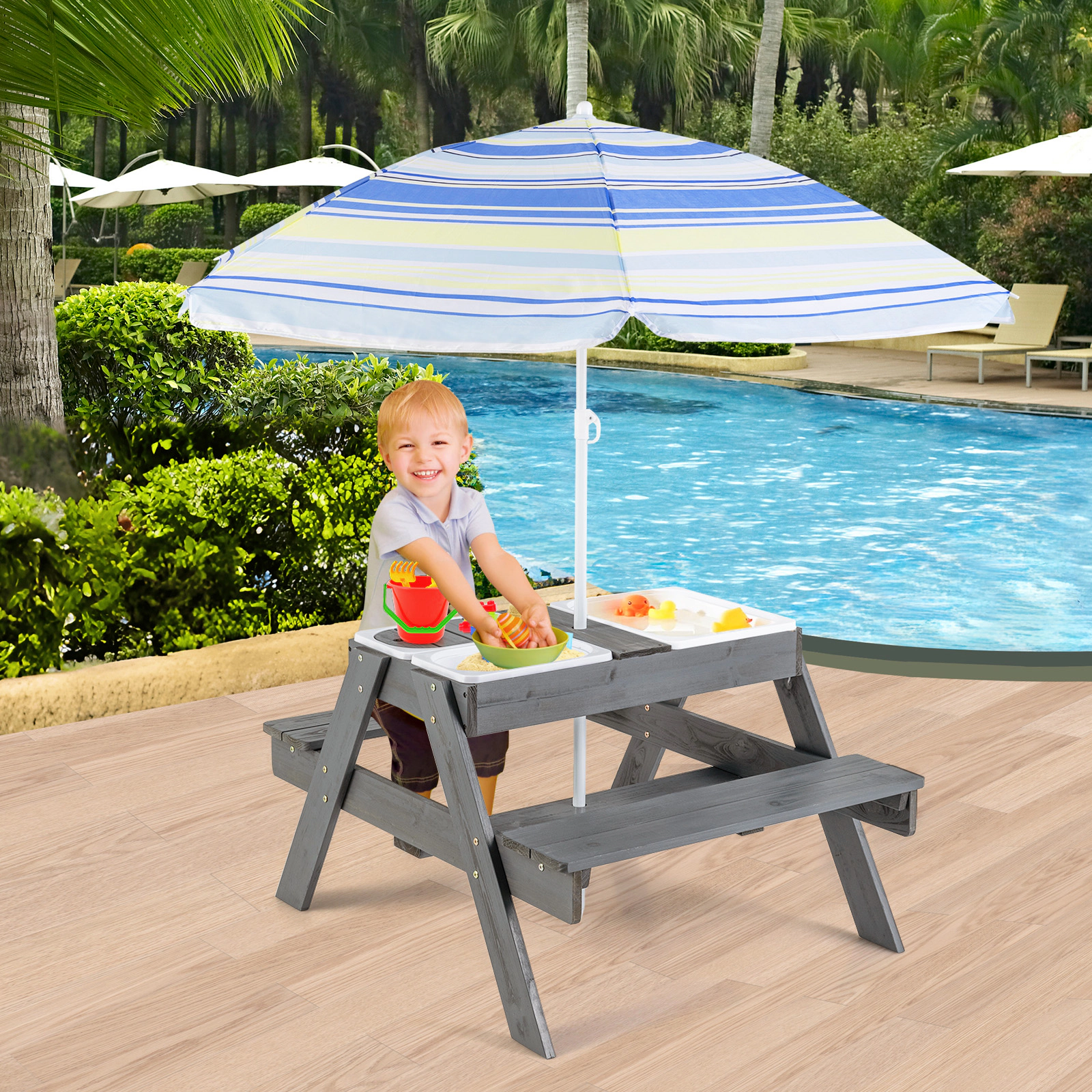SUGIFT Kids Wooden Picnic Table with Benches, 3 Removable Bins and Adjustable 59-Inch Umbrella, Gray