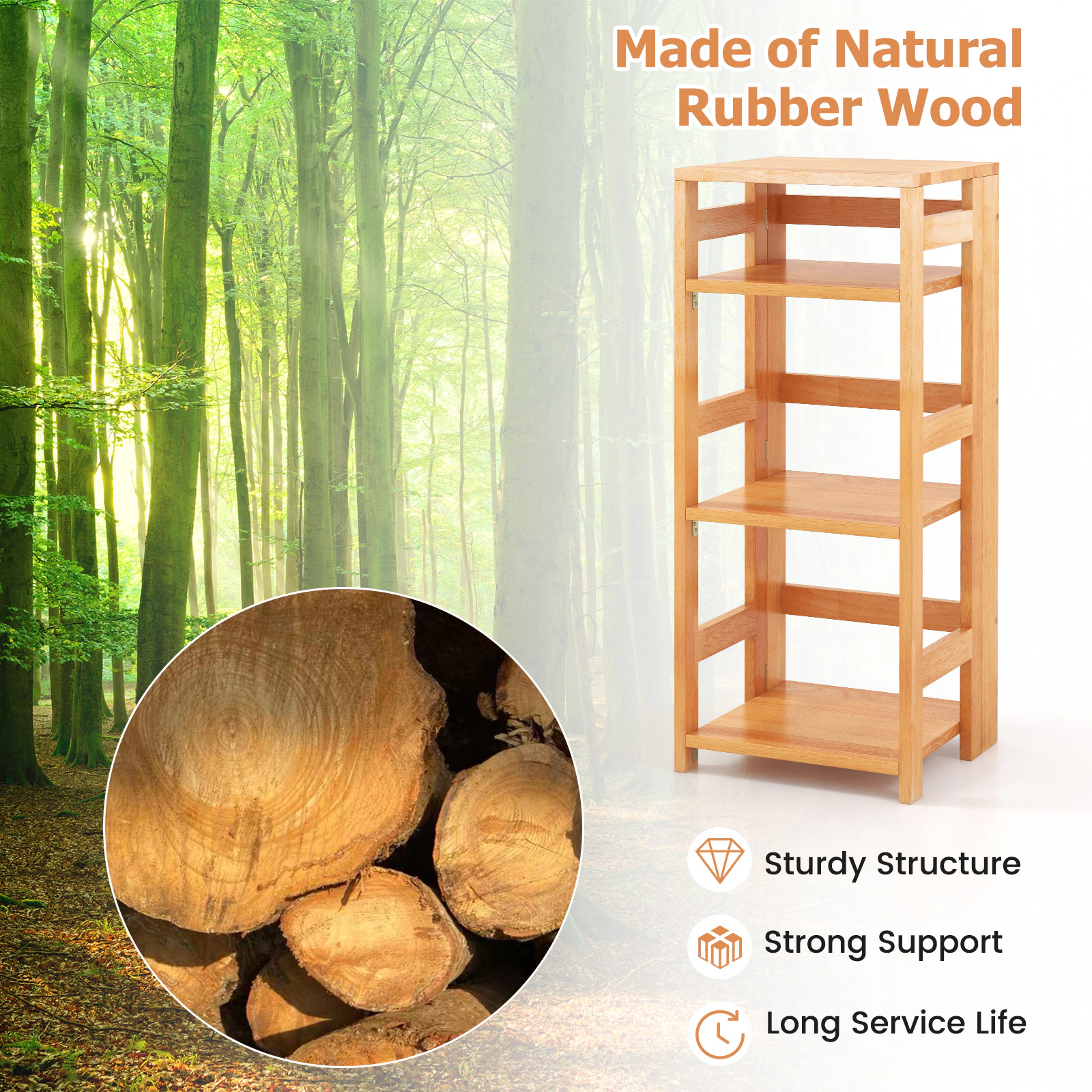 SUGIFT 4-Tier Natural 14-in Wide Solid Rubber Wood Bookshelf with Side Guardrails and 2 Anti-Toppling Kits