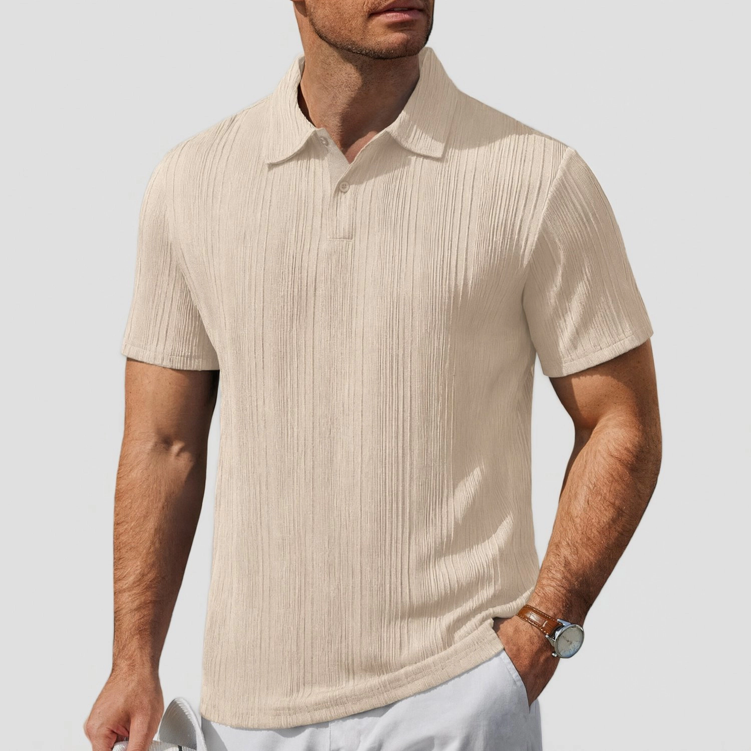 COOFANDY Mens Short Sleeve Polo Shirts  Vertical Pleated Collared Casual Tops
