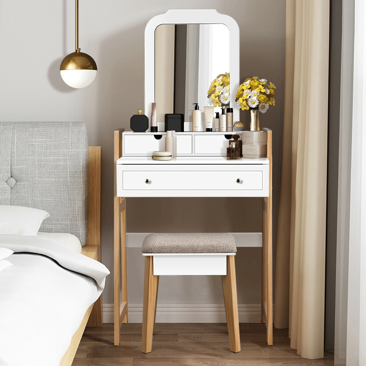 SUGIFT 286-lb Capacity White Vanity Makeup Table Set with Large Mirror 3 Drawers and Cushioned Stool