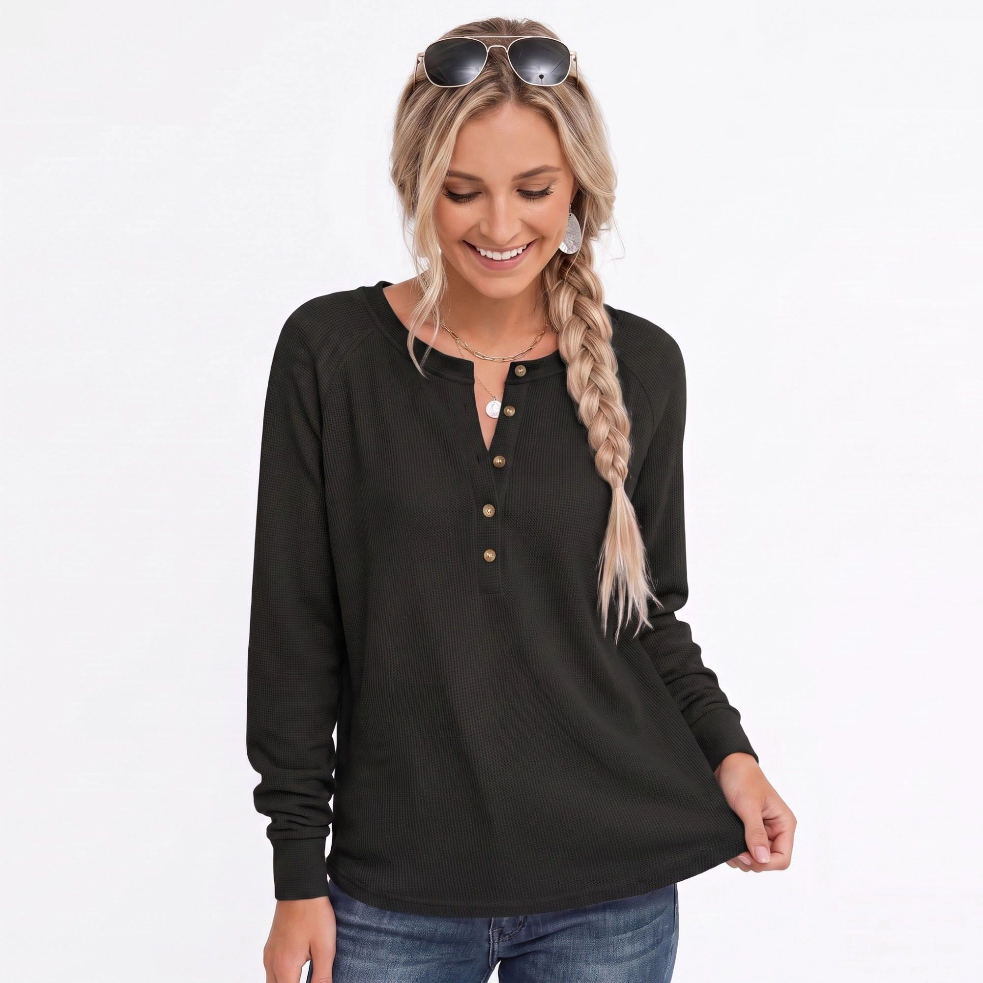 Anna-Kaci Women's Waffle Knit Henley Raglan Long Sleeve Top
