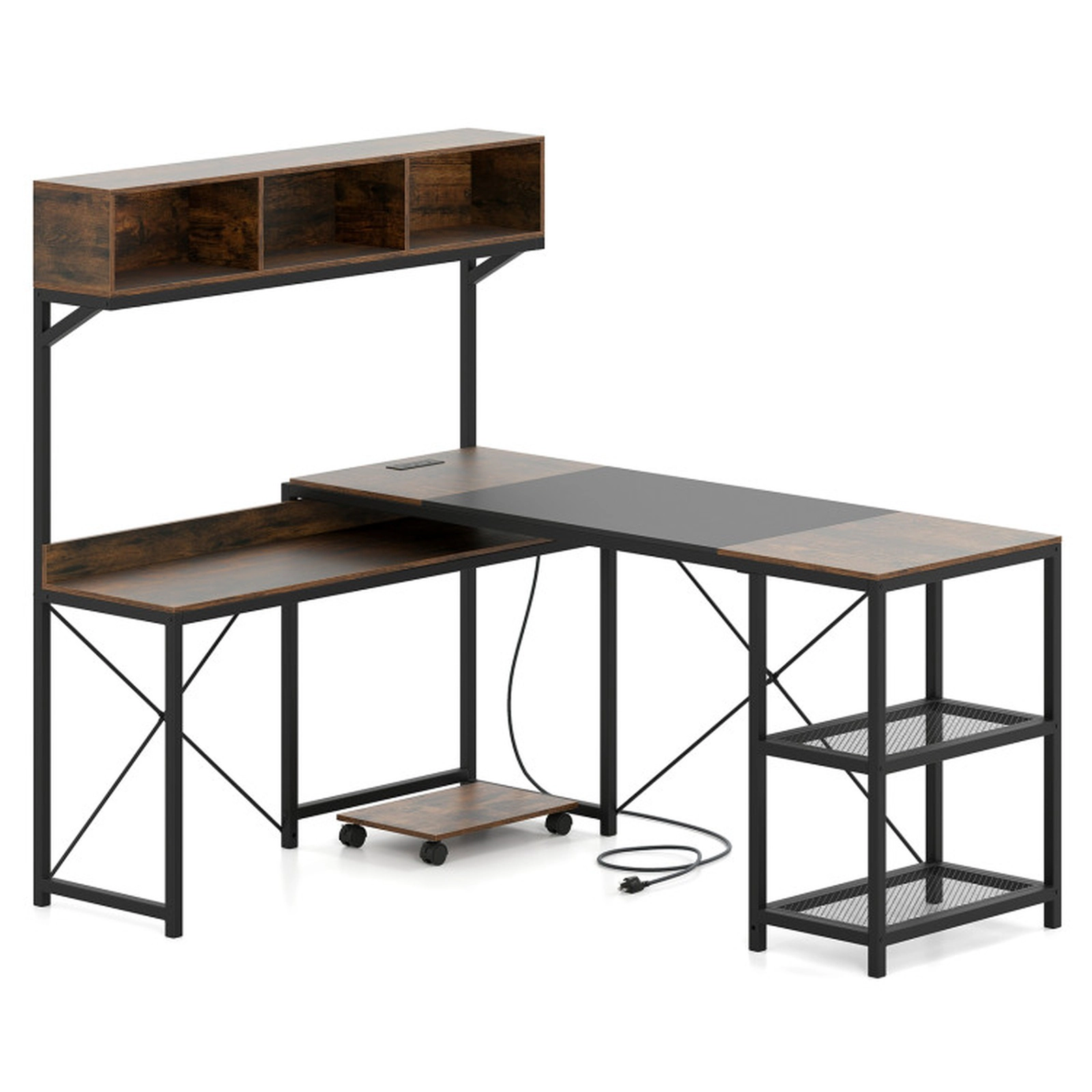 SUGIFT Hutch Power Outlets Mesh Shelves L-Shaped Computer Desk 62-in x 48-in x 56-in 135-lb Capacity Rustic Brown