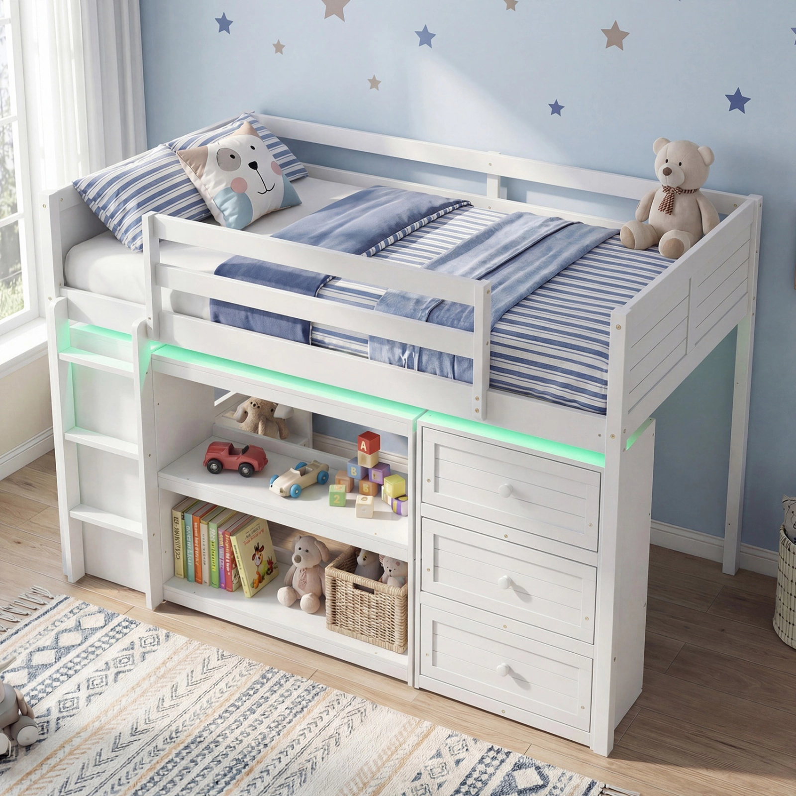 SUGIFT Twin Loft Bed for Kids with LED Lights, 3 Drawers, 4 Shelves, White