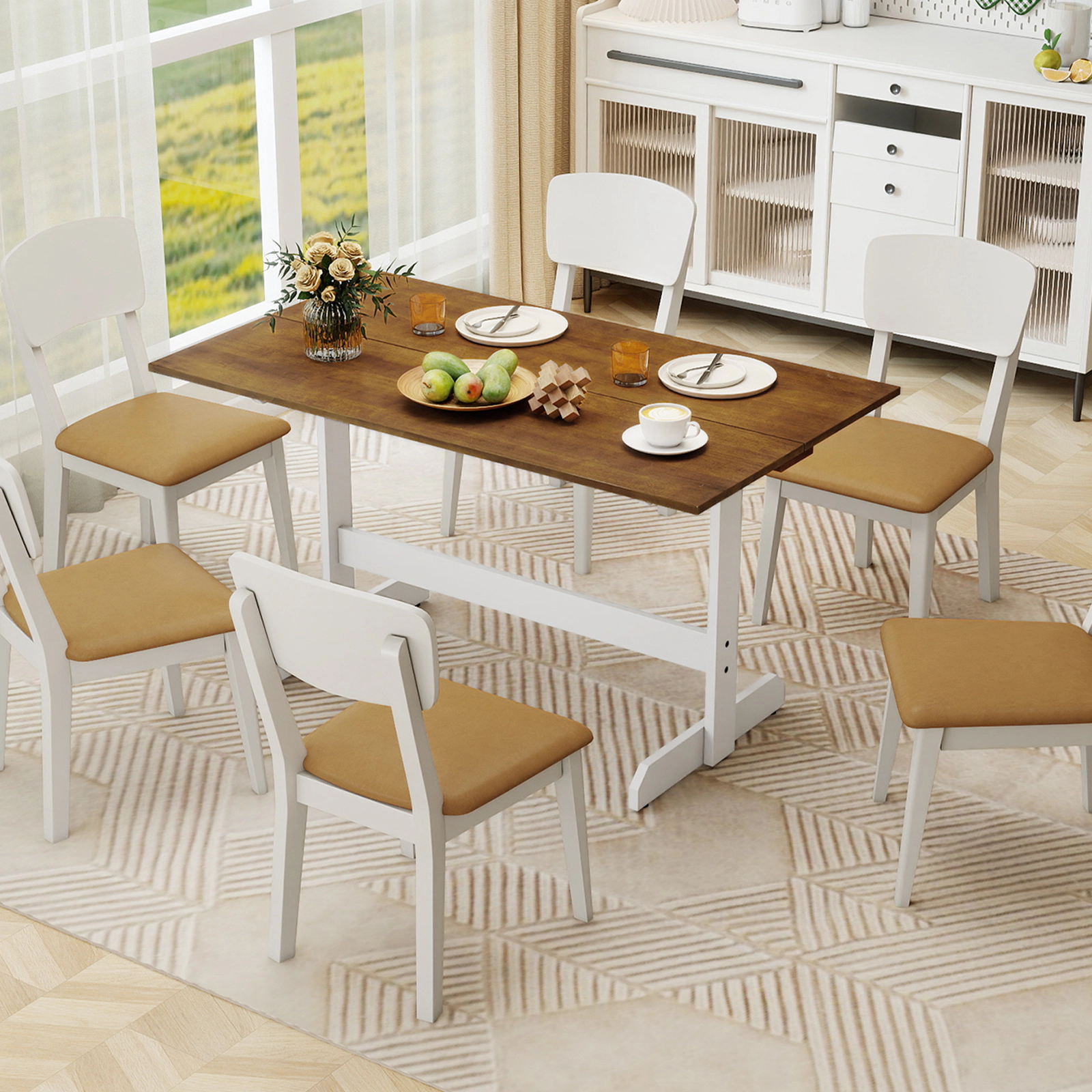 SUGIFT 55-in Walnut Rectangular Dining Table for 4 to 6, Solid Wood Trestle Base