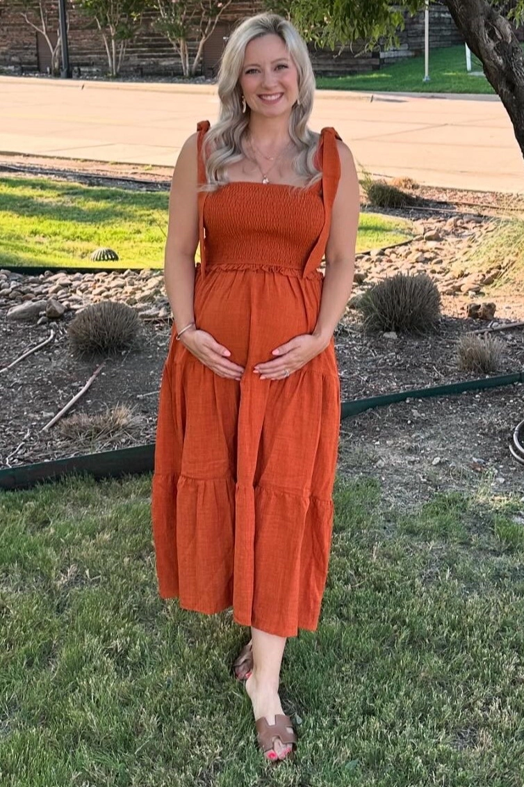 PinkBlush Womens Rust Bow Strap Tiered Maternity Midi Dress