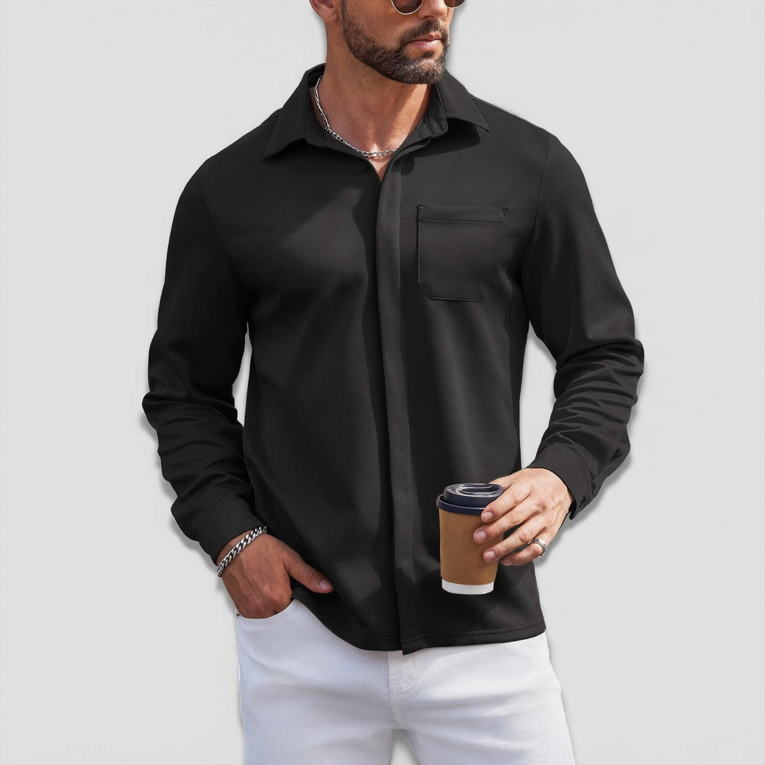 COOFANDY Mens Casual Long Sleeve Shirts Fall Button Down Lapel Collar Pocket Tops