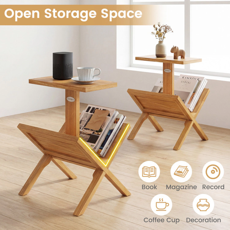 Hivvago 2-Tier Side Table Magazine Rack With Teak Wood Frame