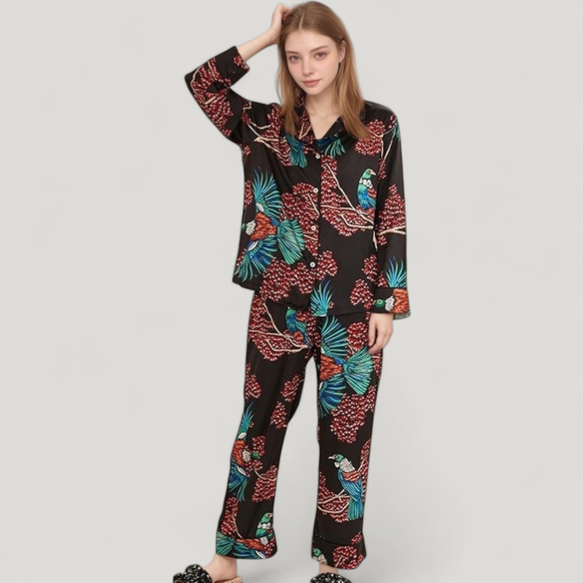 Anna-Kaci Women's Woven Two-Piece Pajama Set Tropical Bird and Botanical Print Long Sleeve Top Relaxed Fit Pants