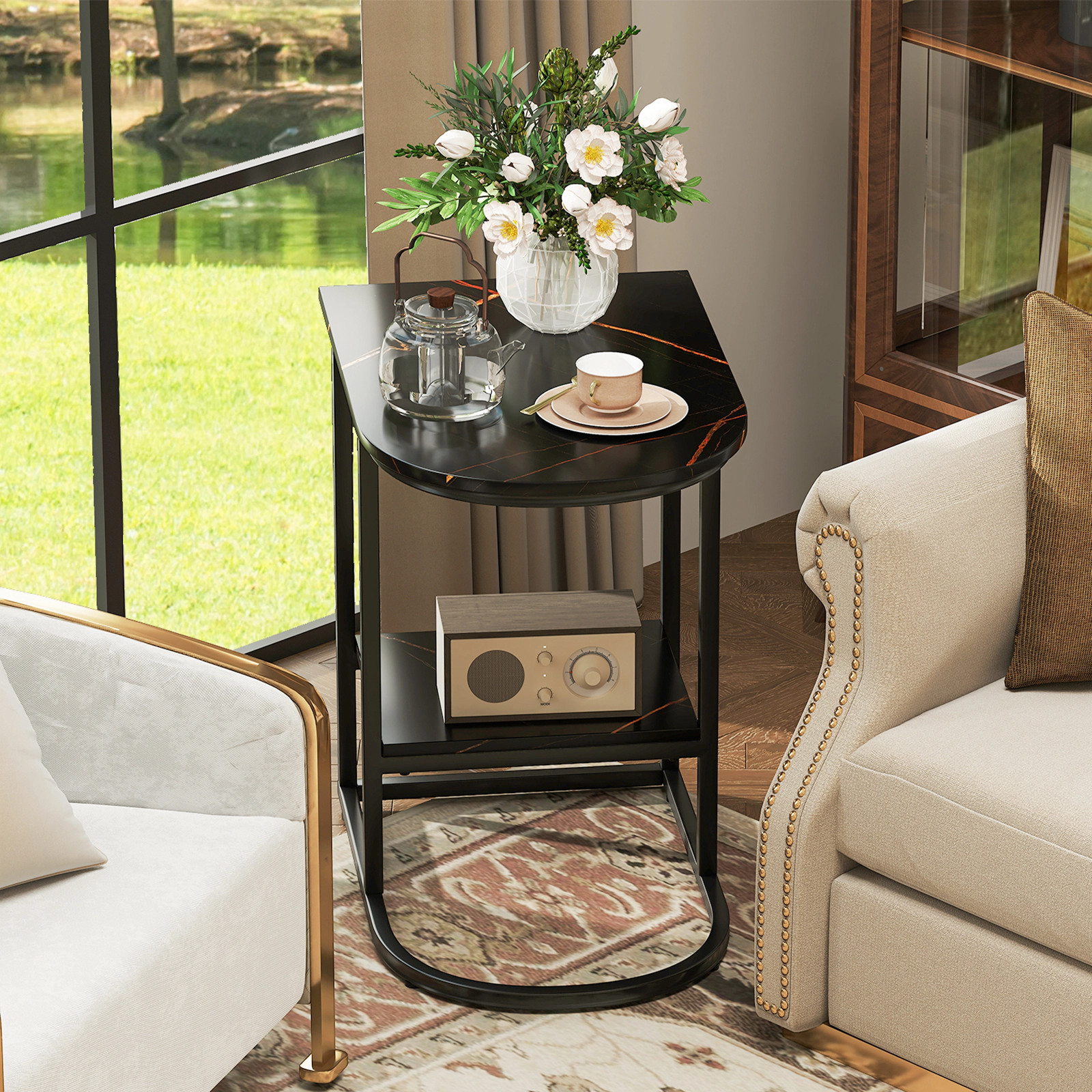 Glintex C-Shaped Side Table with Faux Marble Top and Low-Profile Metal Base