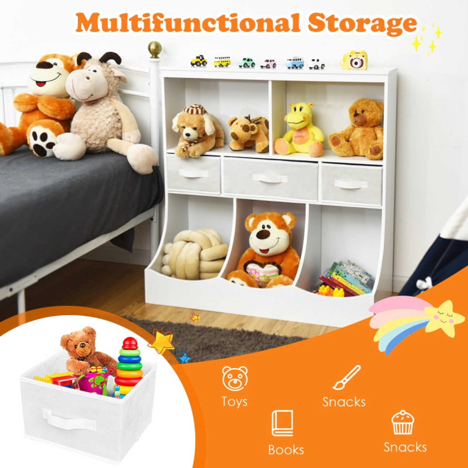 SUGIFT Kids 8 Cubes 3 Detachable Non-Woven Drawers Cubby Toy Storage Organizer 37-in x 16-in x 37-in 66-lb Top White