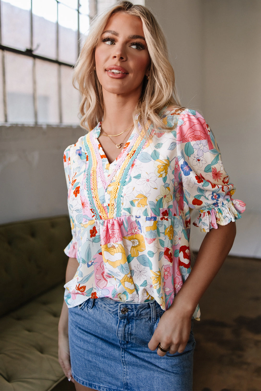 Threaded Pear Women's Solana Boho Flower Half Puff Sleeve Blouse
