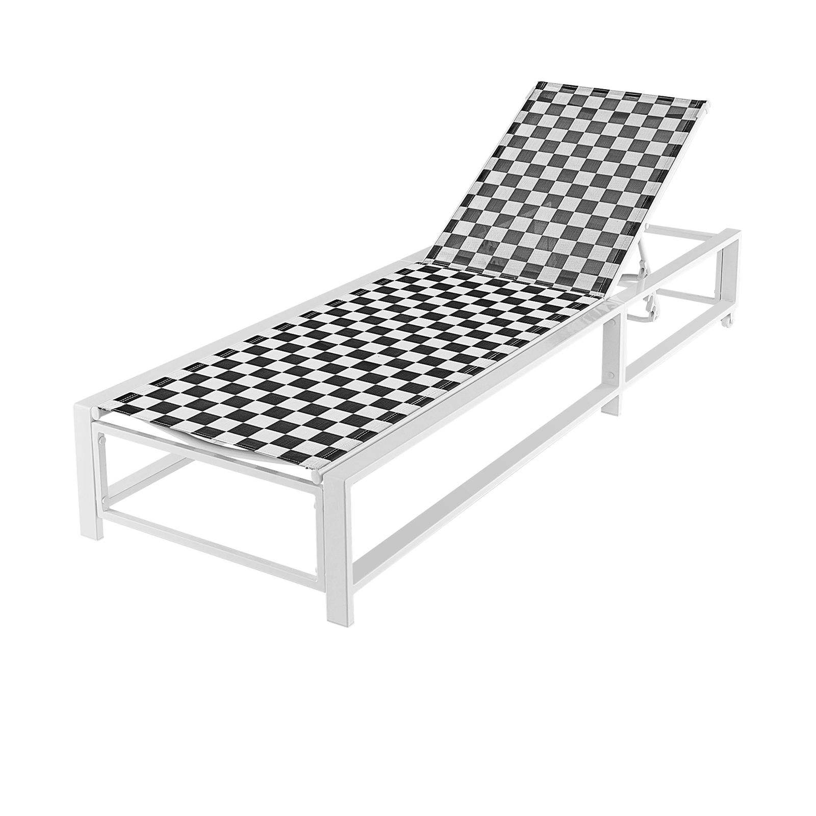 SUGIFT Wheels 6-Level Backrest Metal Frame 400-lb Black and White Patio Chaise Lounge Chair