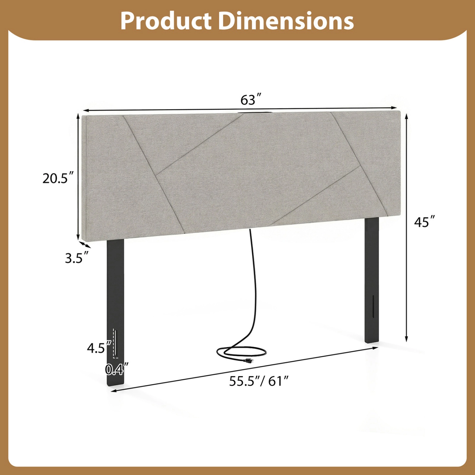 SUGIFT Geometric Upholstered Headboard with Outlets for Full and Queen Beds Gray