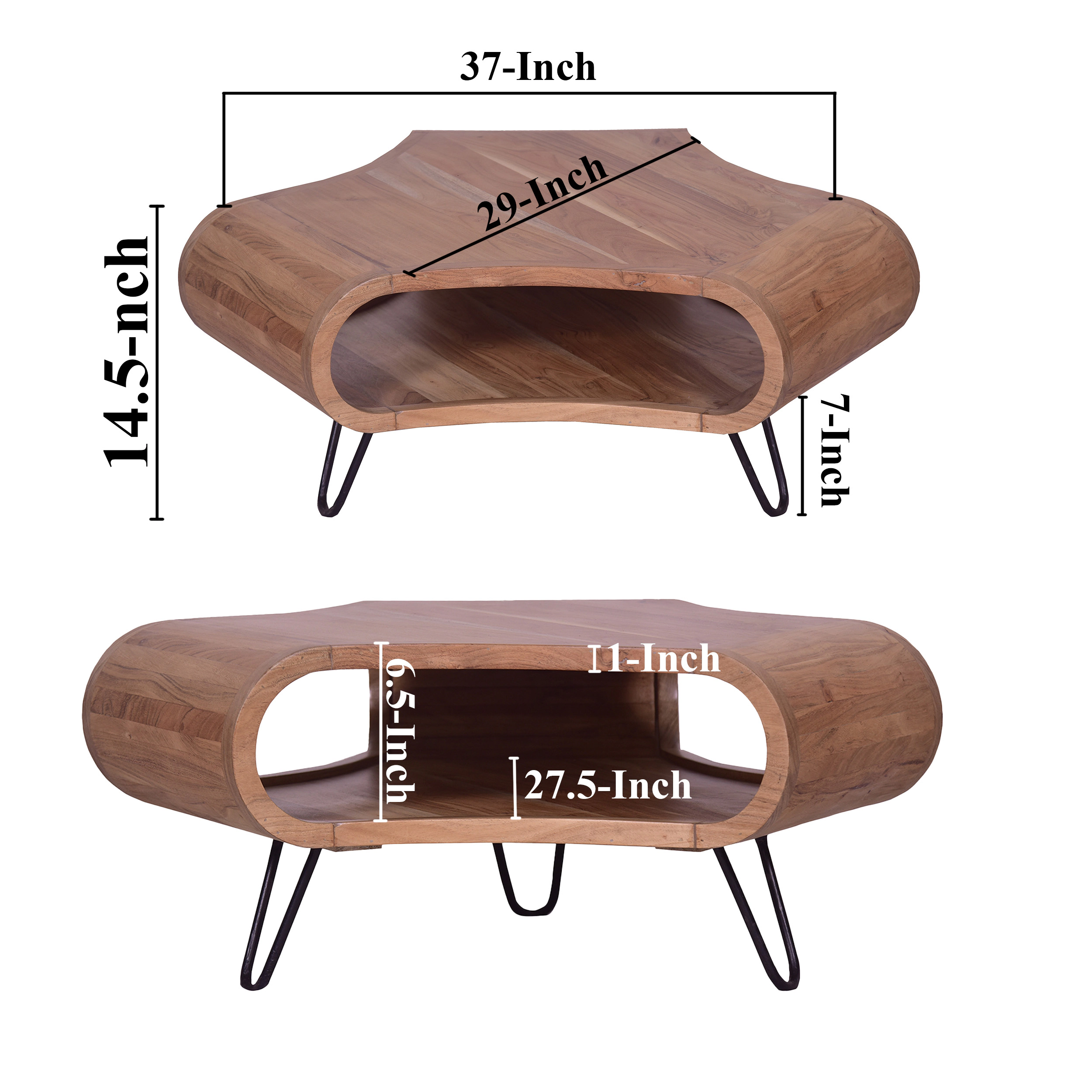 The Urban Port 37 Inch Coffee Table, Handcrafted Curved Hexagon Shape with Open Shelf, Brown Acacia Wood, Iron Legs