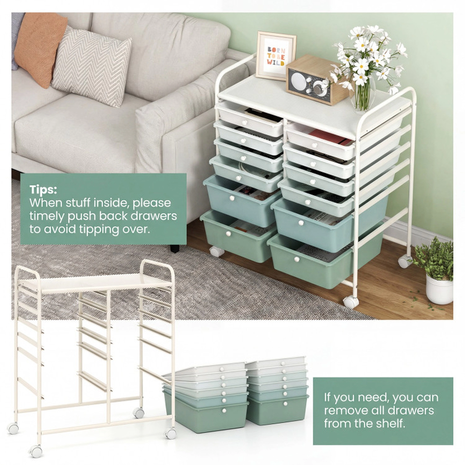 SUGIFT Green Gradient 12-Drawer Rolling Storage Cart with Removable Drawers and Reinforced Metal Frame
