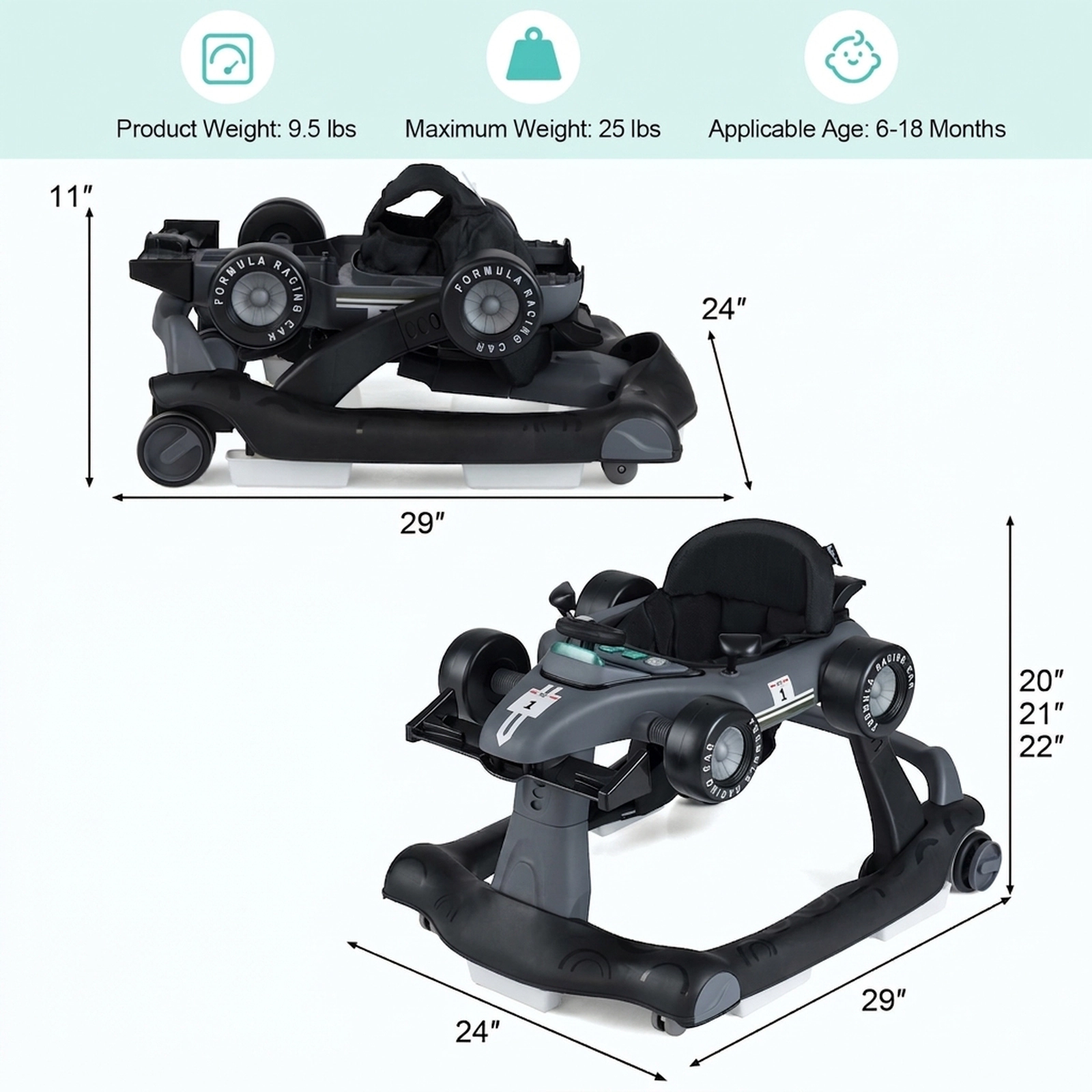 SUGIFT 4-in-1 Foldable Activity Push Walker with Adjustable Height 25-lb Capacity Ages 6-18 Months Gray