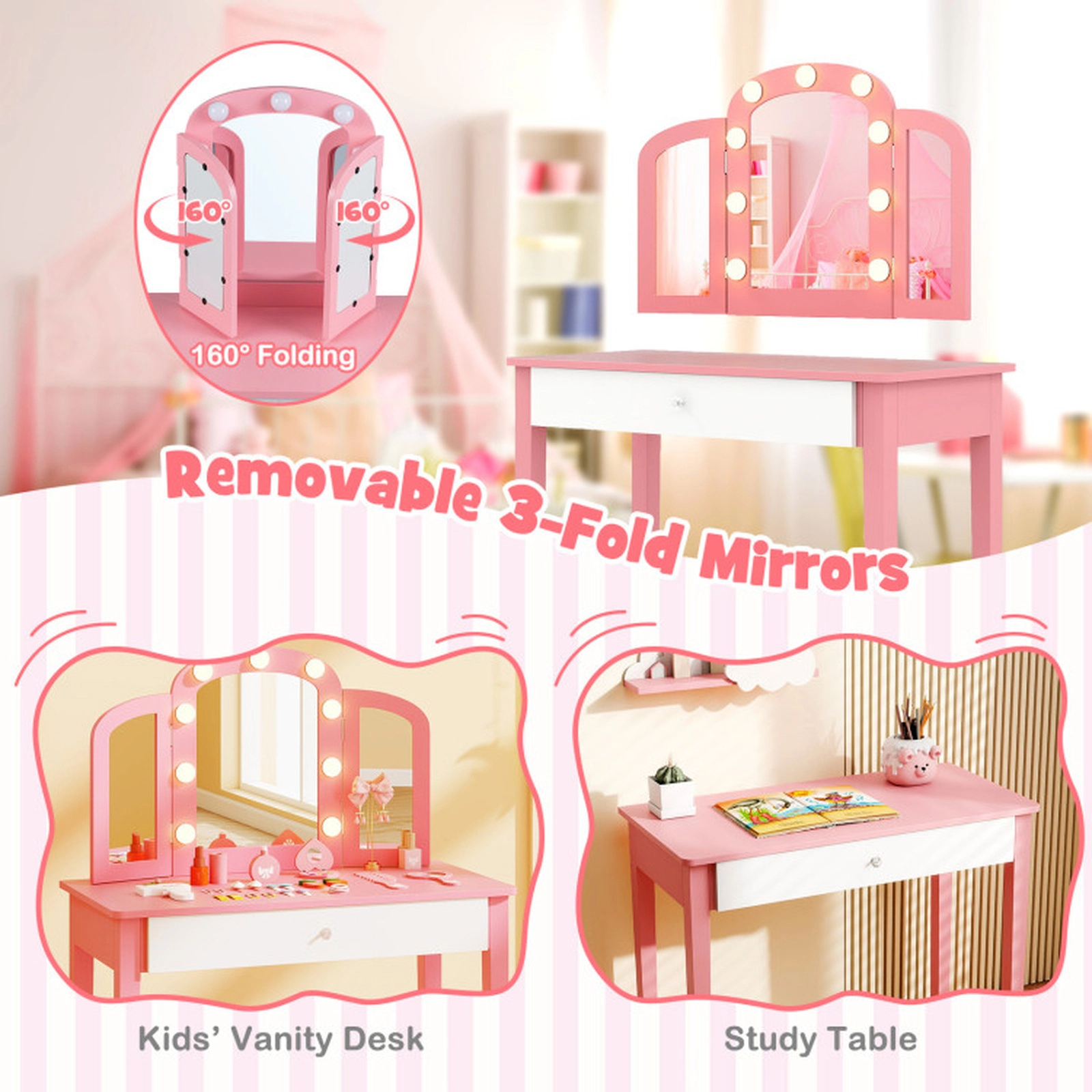 SUGIFT 2-in-1 Kids Vanity Table Set with Tri-Folding Detachable Lighted Mirror 110-lb Capacity Ages 3-12 Pink/White