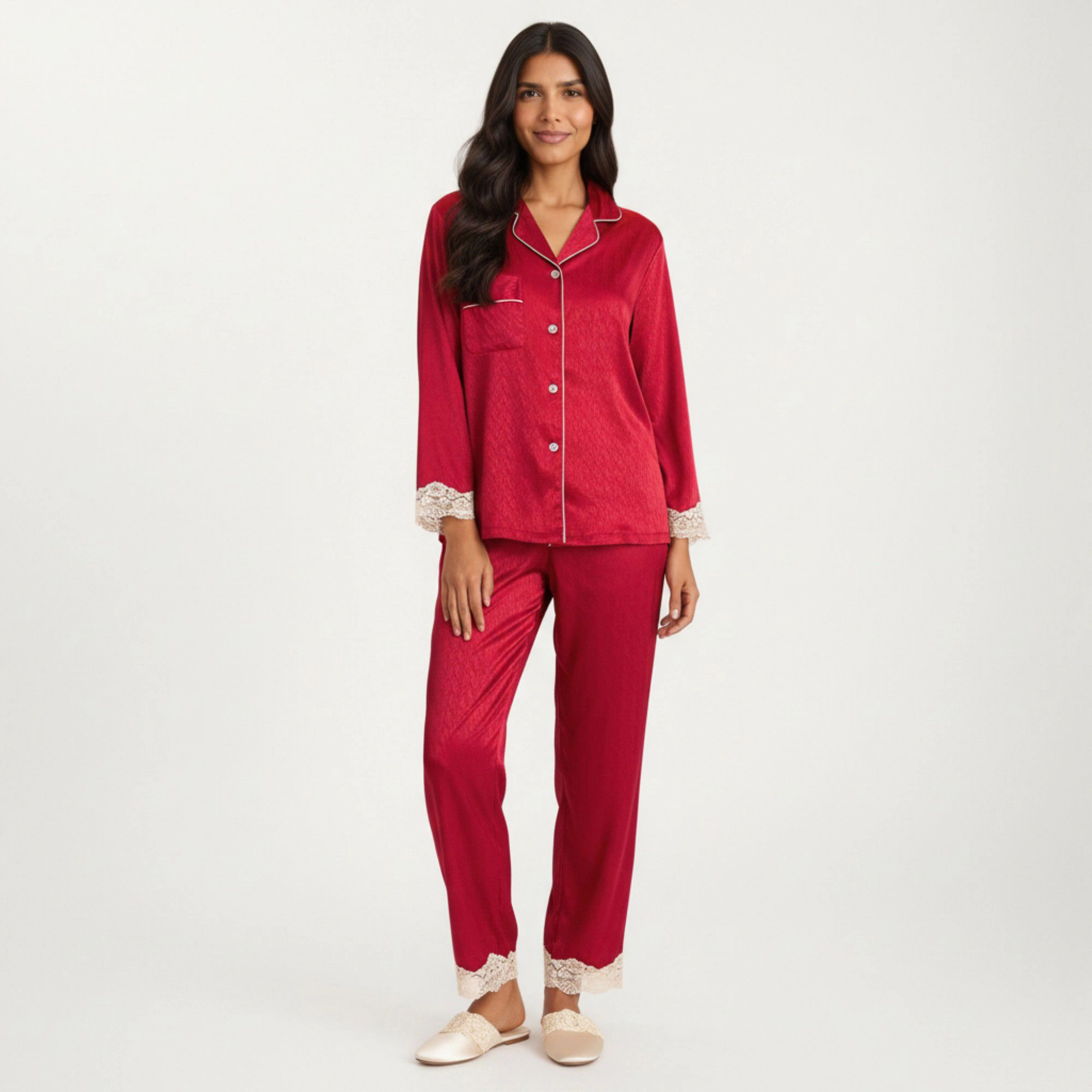 Anna-Kaci Women's 2-Piece Satin Button Front Pajama Top with Lace Trim Sleeves and Matching Elastic Waist Pants