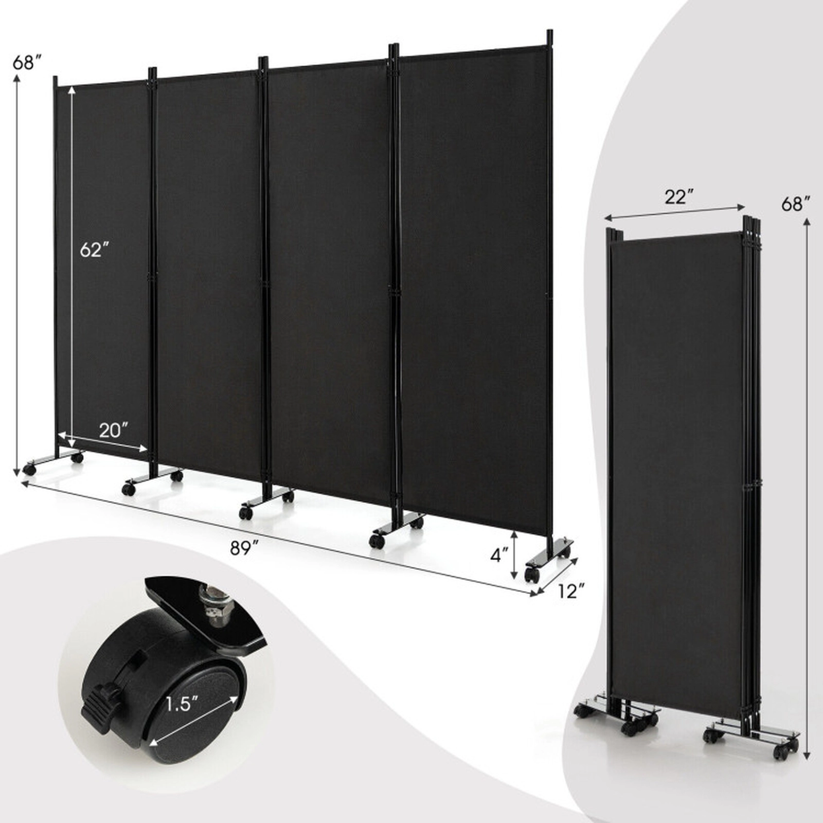 SUGIFT 4-Panel Lockable Casters Folding Privacy Screen Room Divider 89-in x 12-in x 68-in 10 Wheels 19-lb Black