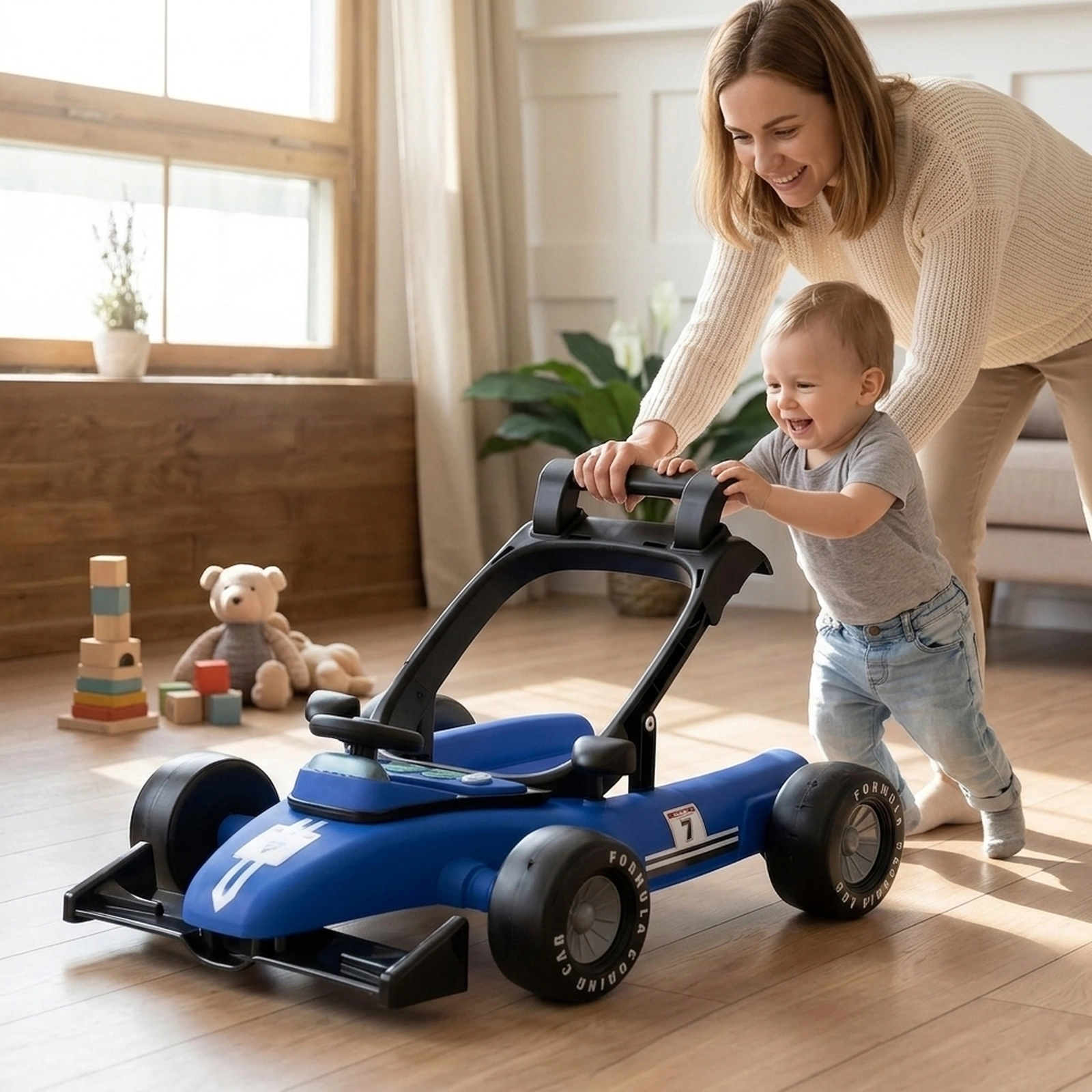 4-in-1 Baby Push Walker and Activity Center with Noise-Free Wheels Easy-Grip Handle Music Box and 3 Heights in Blue
