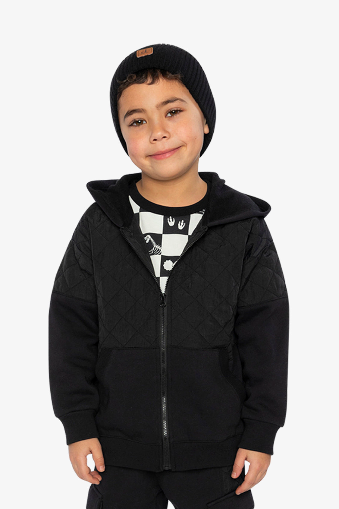 Deux par Boys Full Zip Hooded Bi-Material Cardigan with Quilted Chest Panel