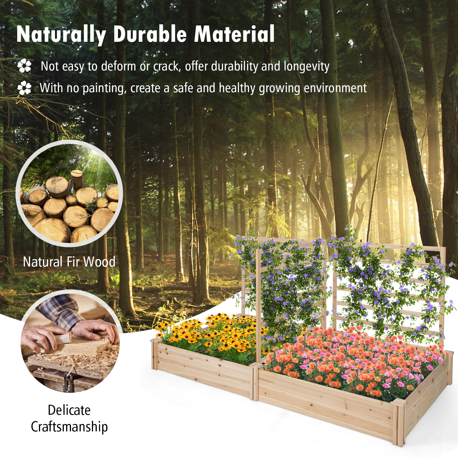 SlickBlue Wooden Garden Planter Box with Trellis for Vining Plants