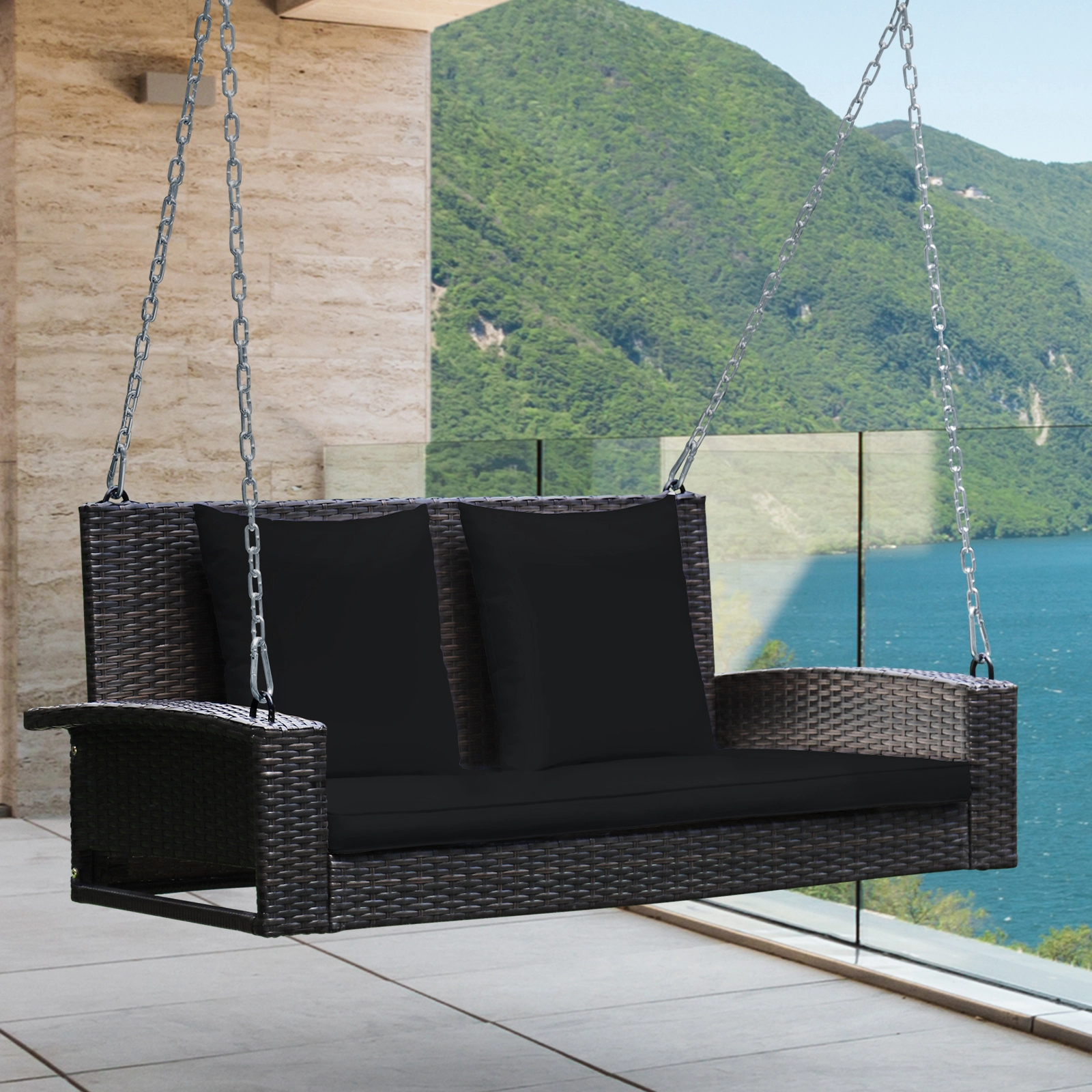 LJG 2-Person Patio Rattan Porch Swing with Cushions