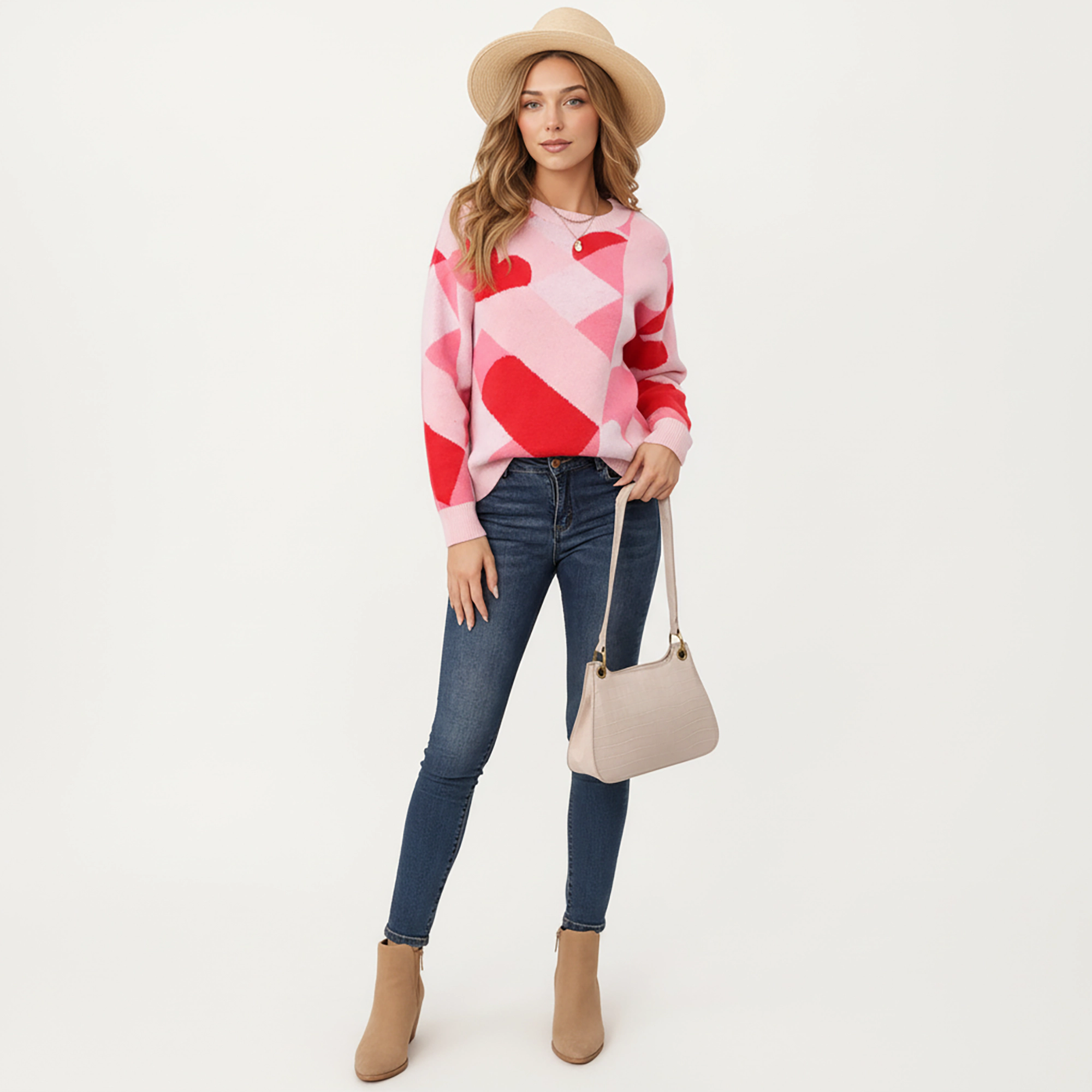 Anna-Kaci Women's Abstract Valentine Heart Pattern Knit Sweater with Textured Feel and Comfortable Relaxed Everyday Fit