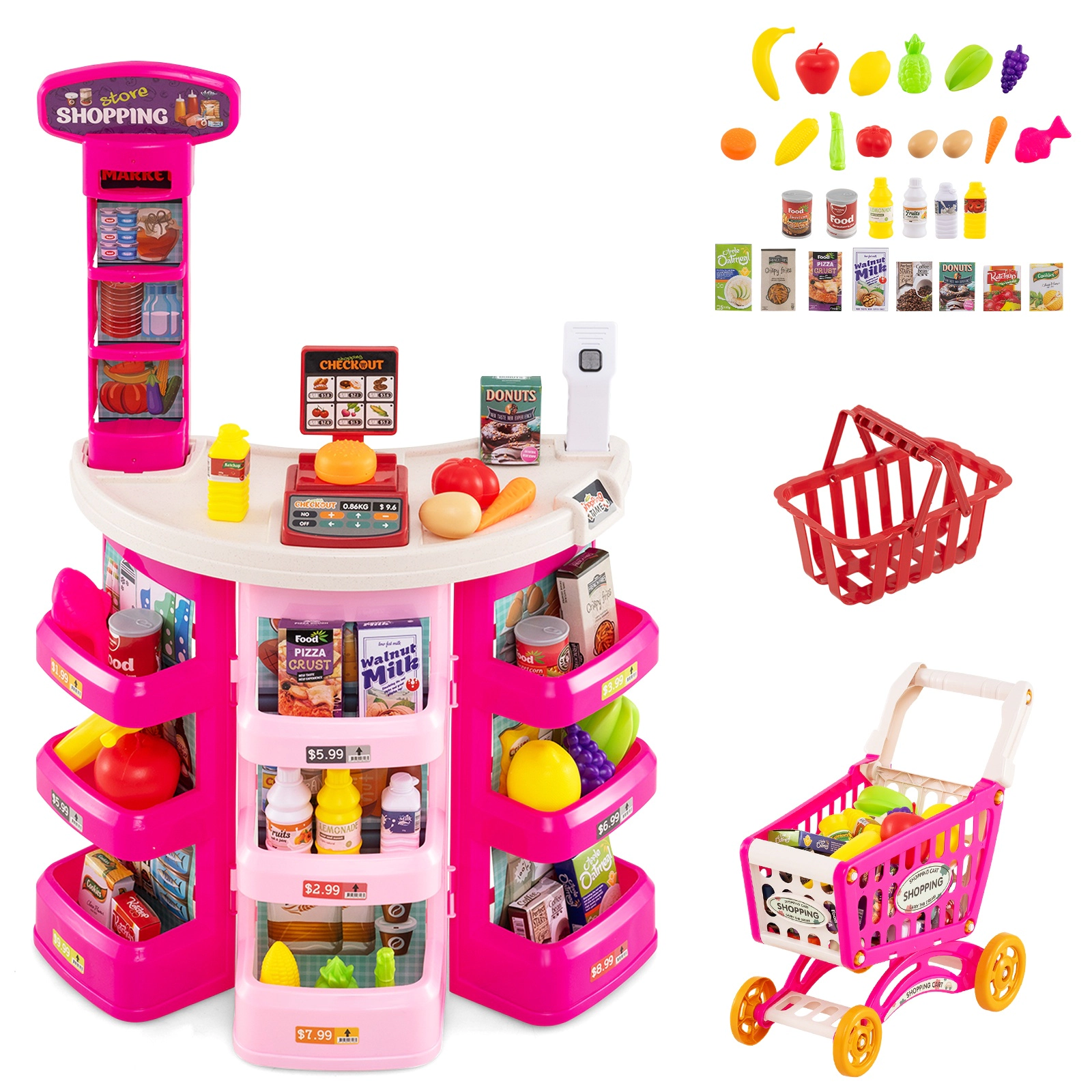 SUGIFT Supermarket Playset for Kids Pretend Grocery Store with Shopping Cart 19-in Countertop Ages 3+ Multicolor