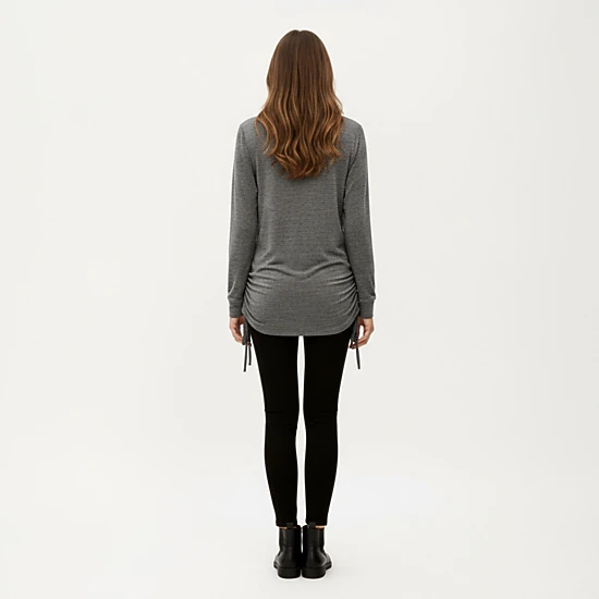 Anna-Kaci Women's V-Neck Side Drawstring Ruched Hem Long Sleeve Knit Top