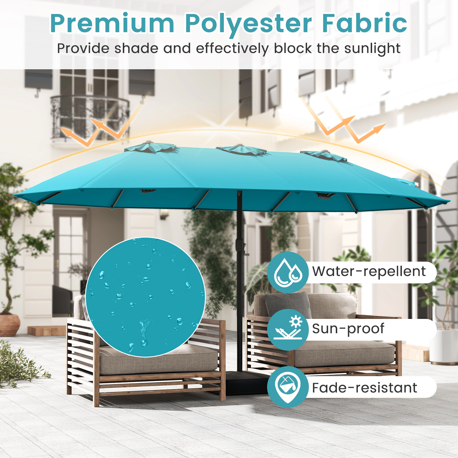SUGIFT 15-ft Turquoise Rectangular Double-Sided Patio Umbrella with Hand Crank