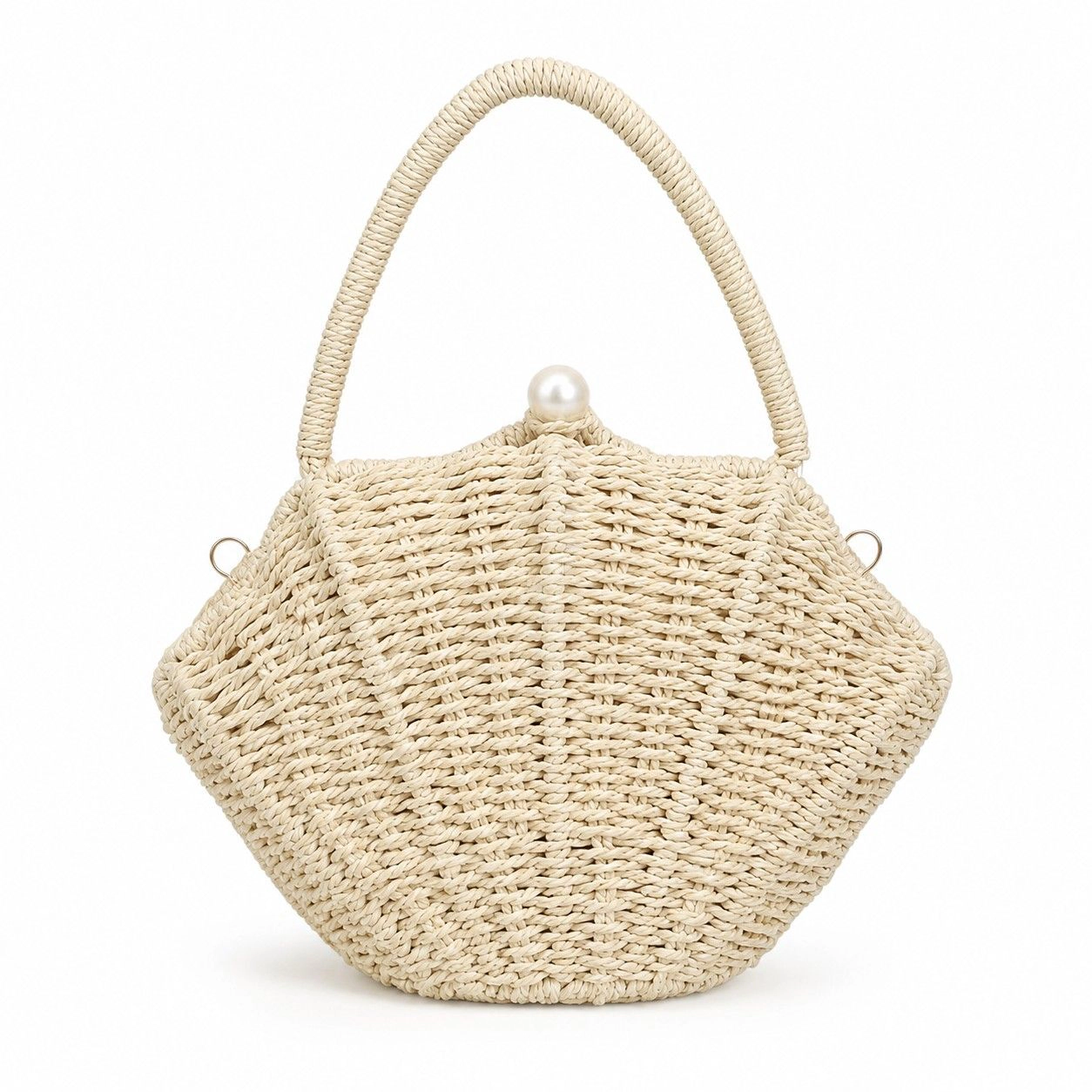 Alilang Women's Shell Woven Top Handle Bag with Pearl Button and Detachable Chain Strap, Beige