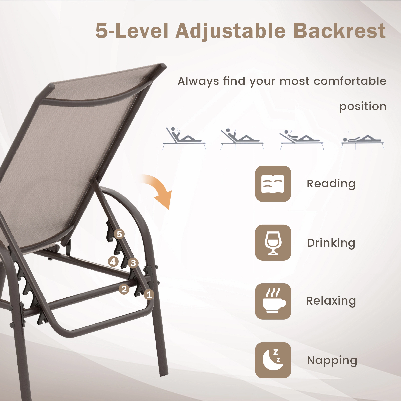 SUGIFT 2-Piece Adjustable Outdoor Patio Chaise Lounge Chair Set Fabric Seat Reclining Armrests 350-lb Capacity Brown
